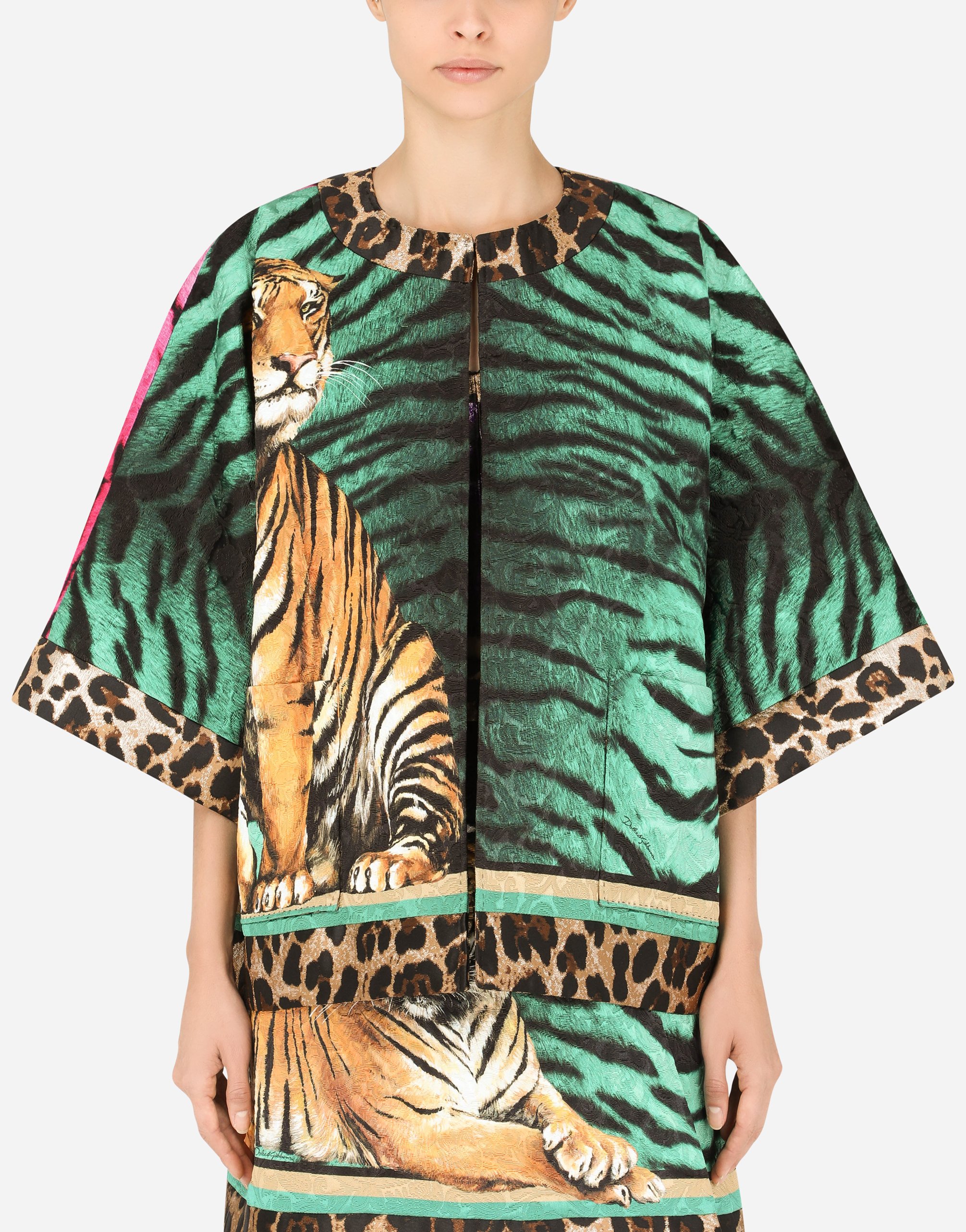 Tiger-print brocade jacket with short sleeves in Multicolor