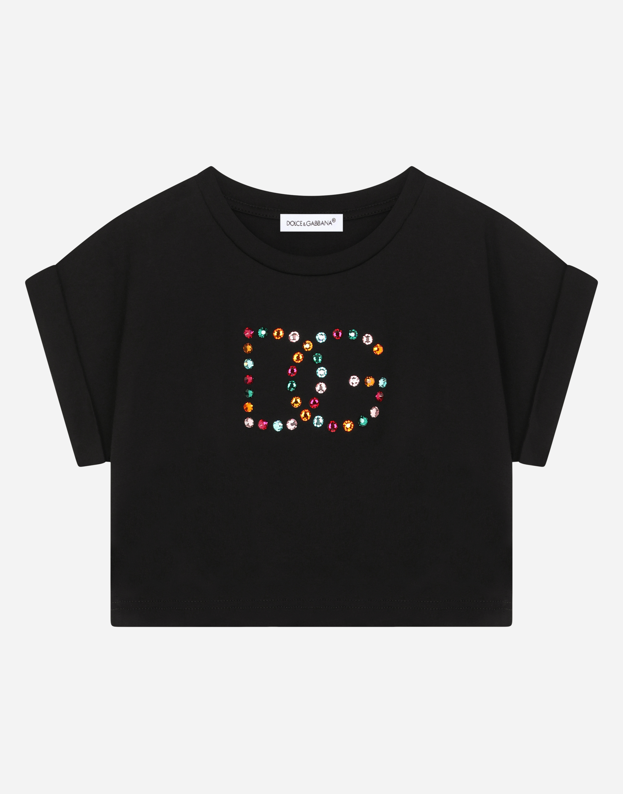 Jersey T-shirt with multi-colored fusible rhinestones in Black