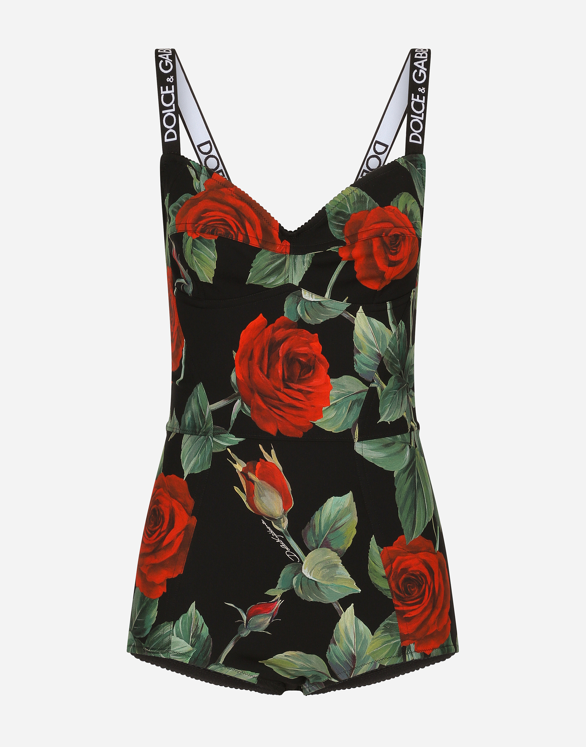 Charmeuse bodysuit with red rose print in Multicolor