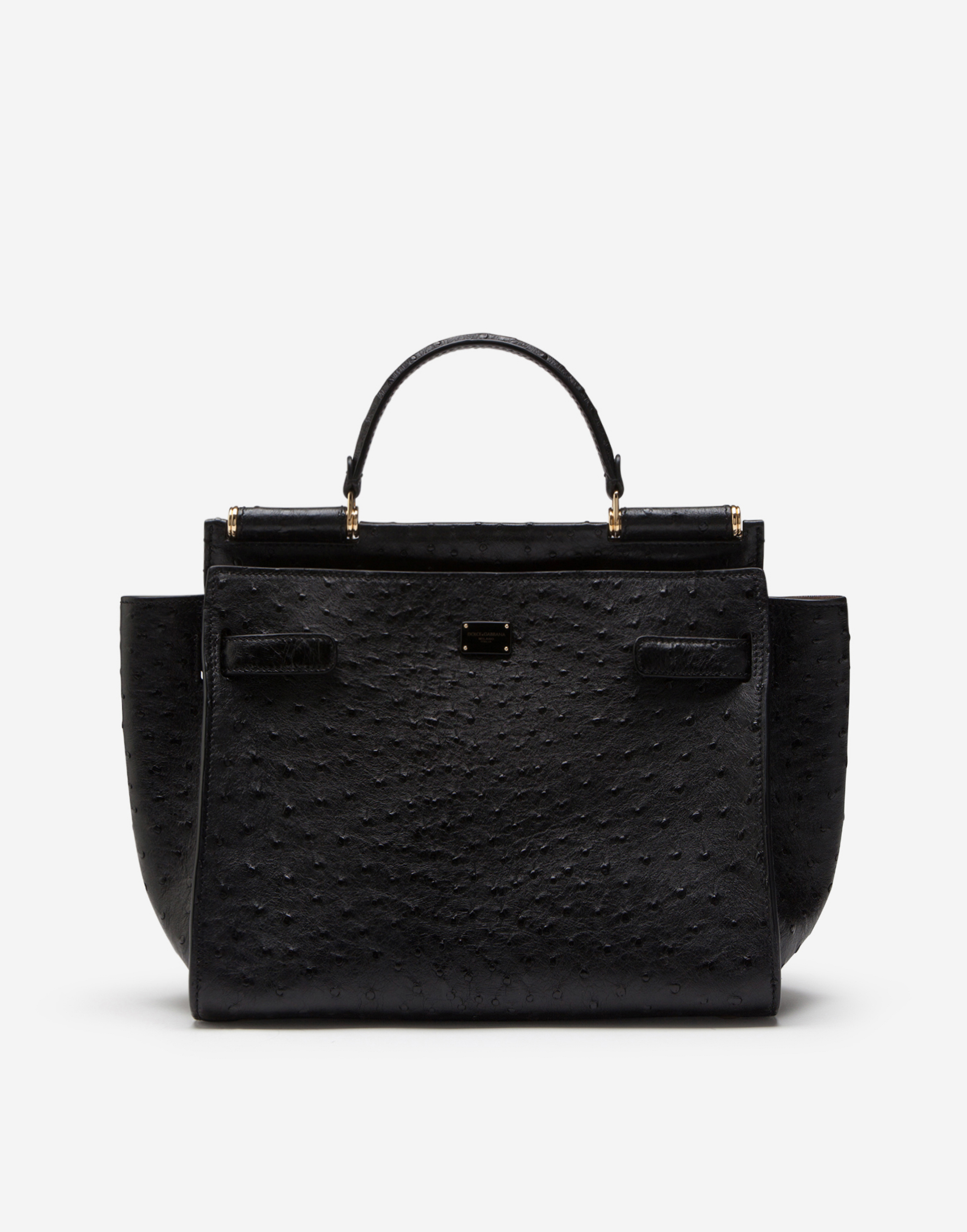 Medium ostrich leather Sicily soft bag in Black/Brown