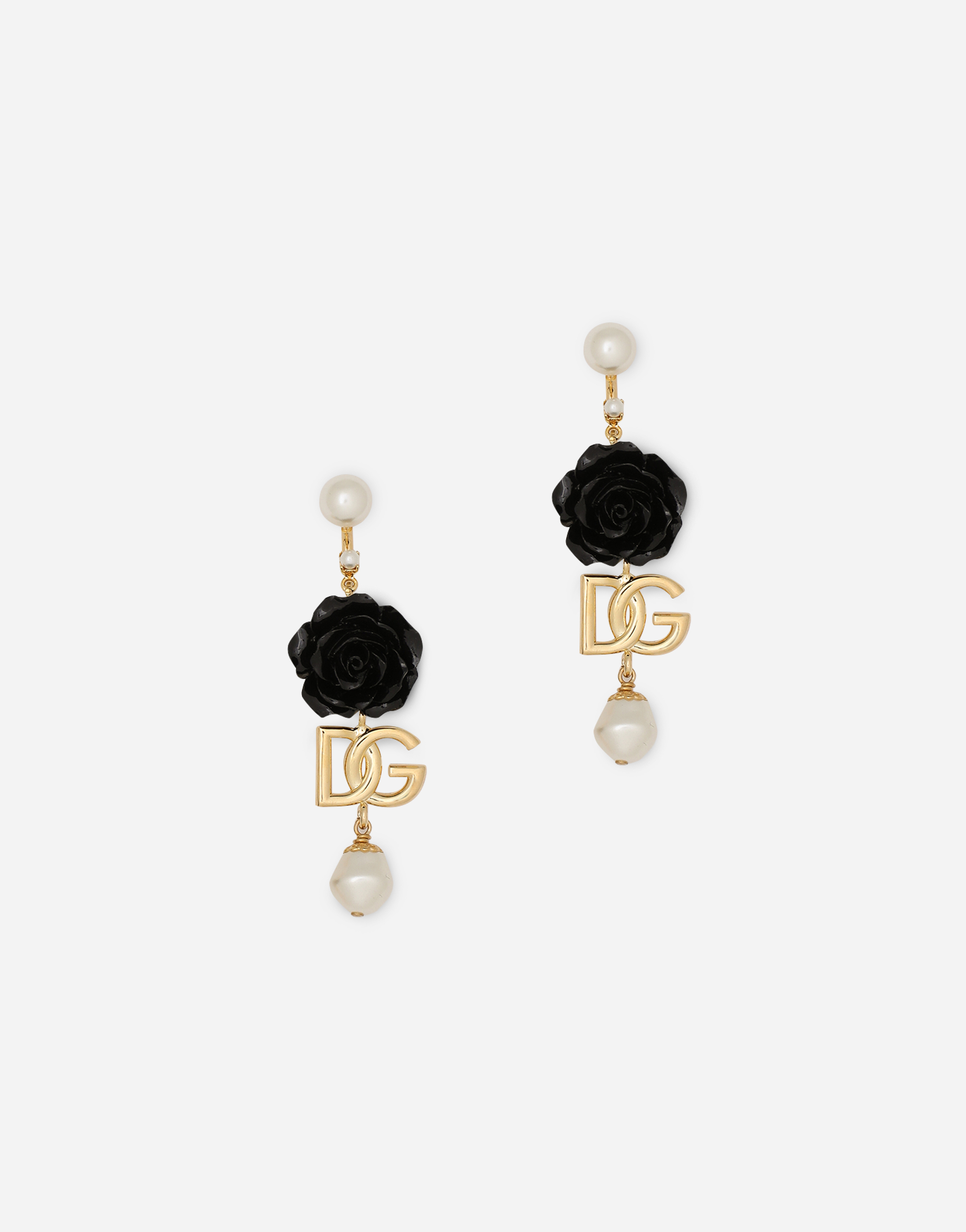 Drop earrings with roses and DG logo in Gold