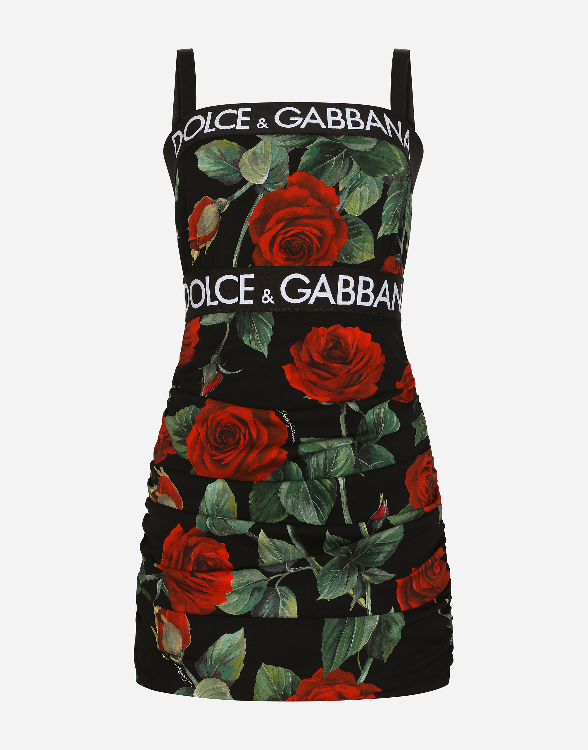 Short charmeuse dress with red rose print in Multicolor