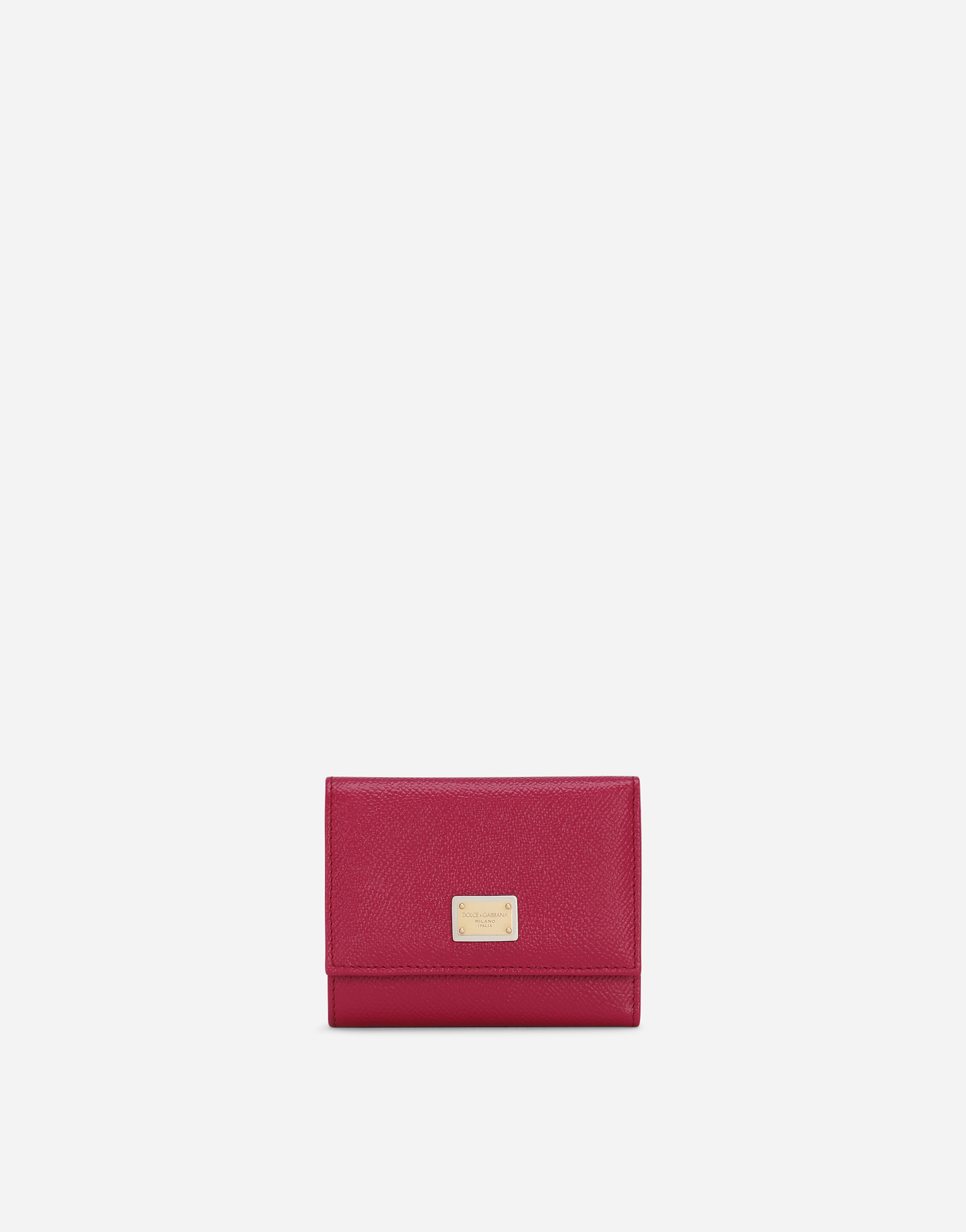 Dauphine calfskin wallet with branded tag in Fuchsia