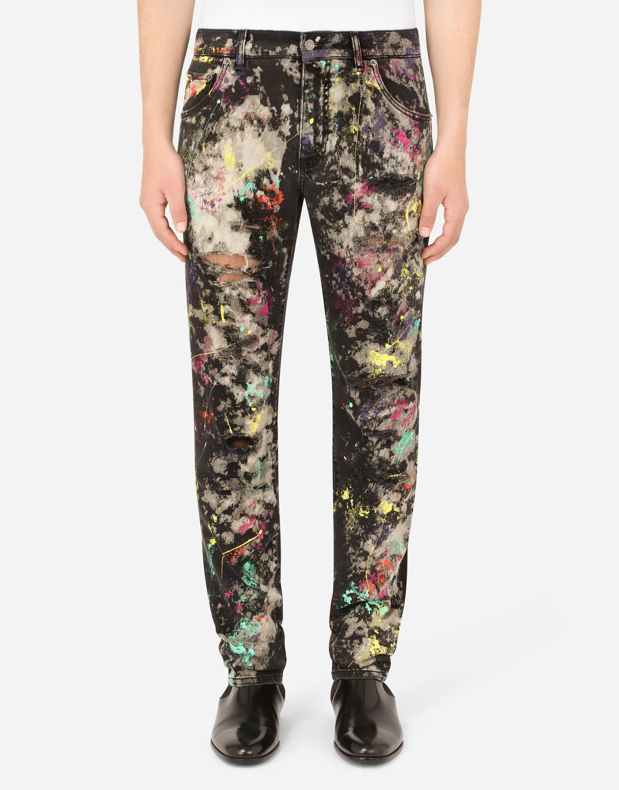 Slim-fit black stretch jeans with marbled print in Multicolor