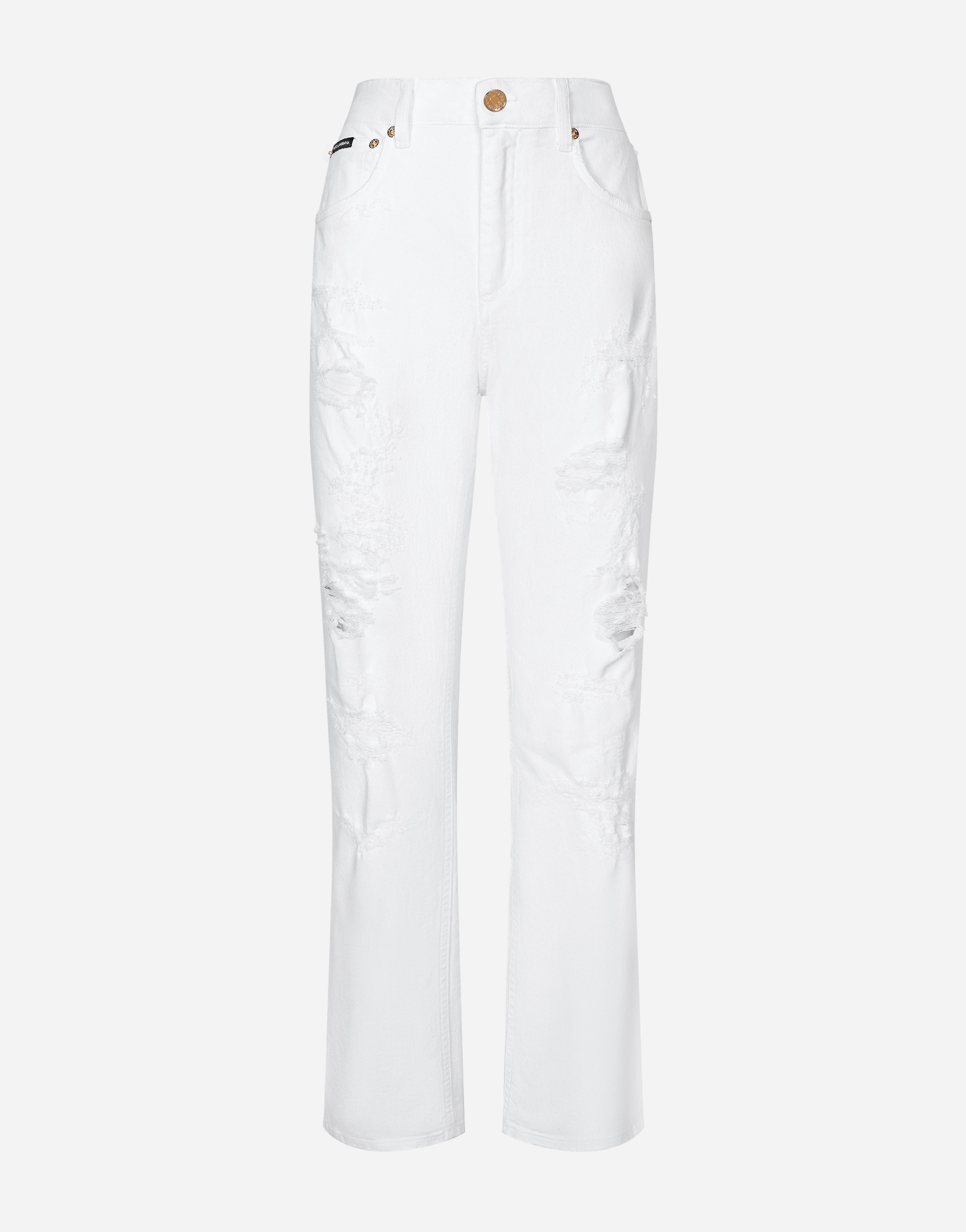 White denim boyfriend jeans with rips in Multicolor