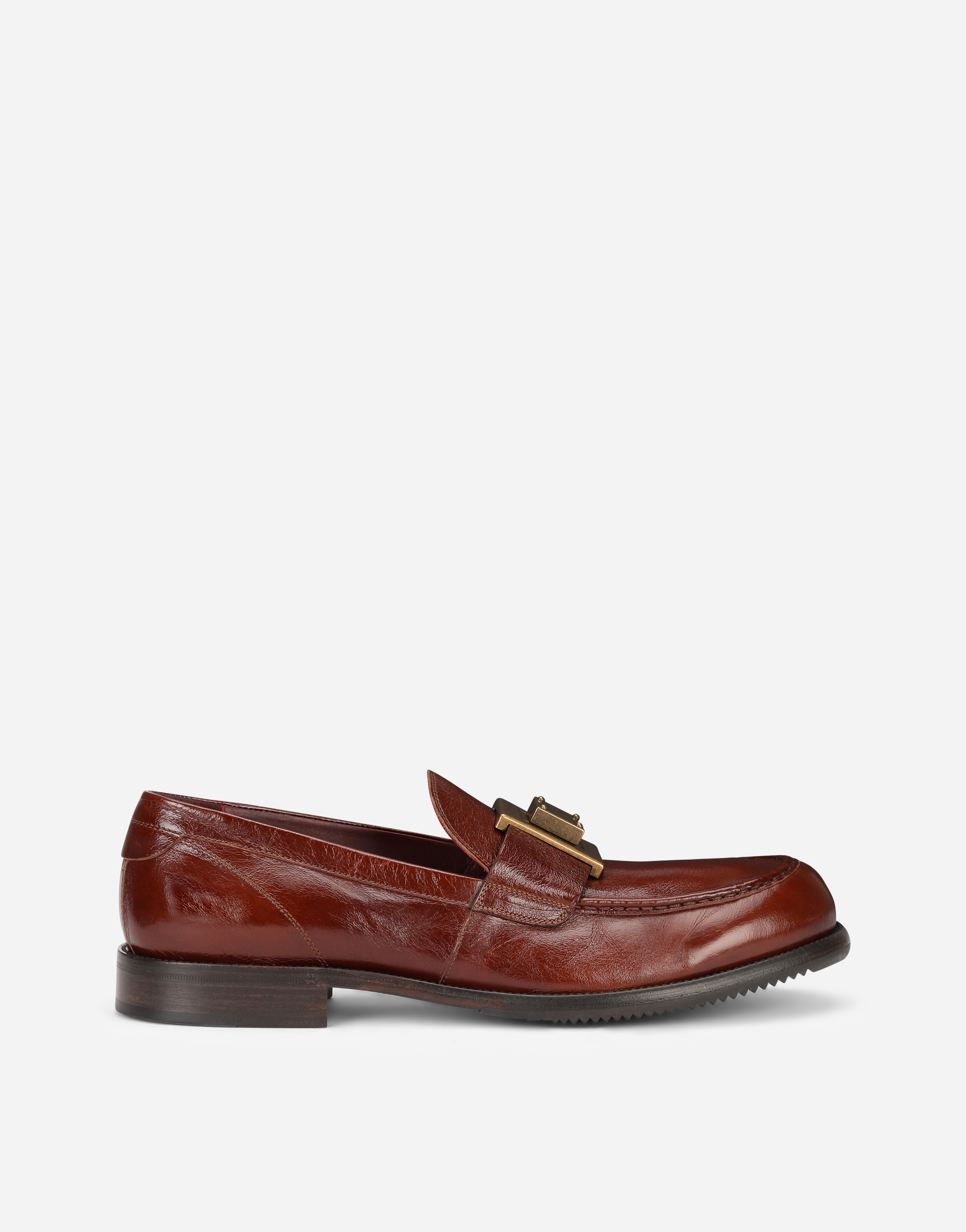 Mino calfskin loafers with branded plate in Brown