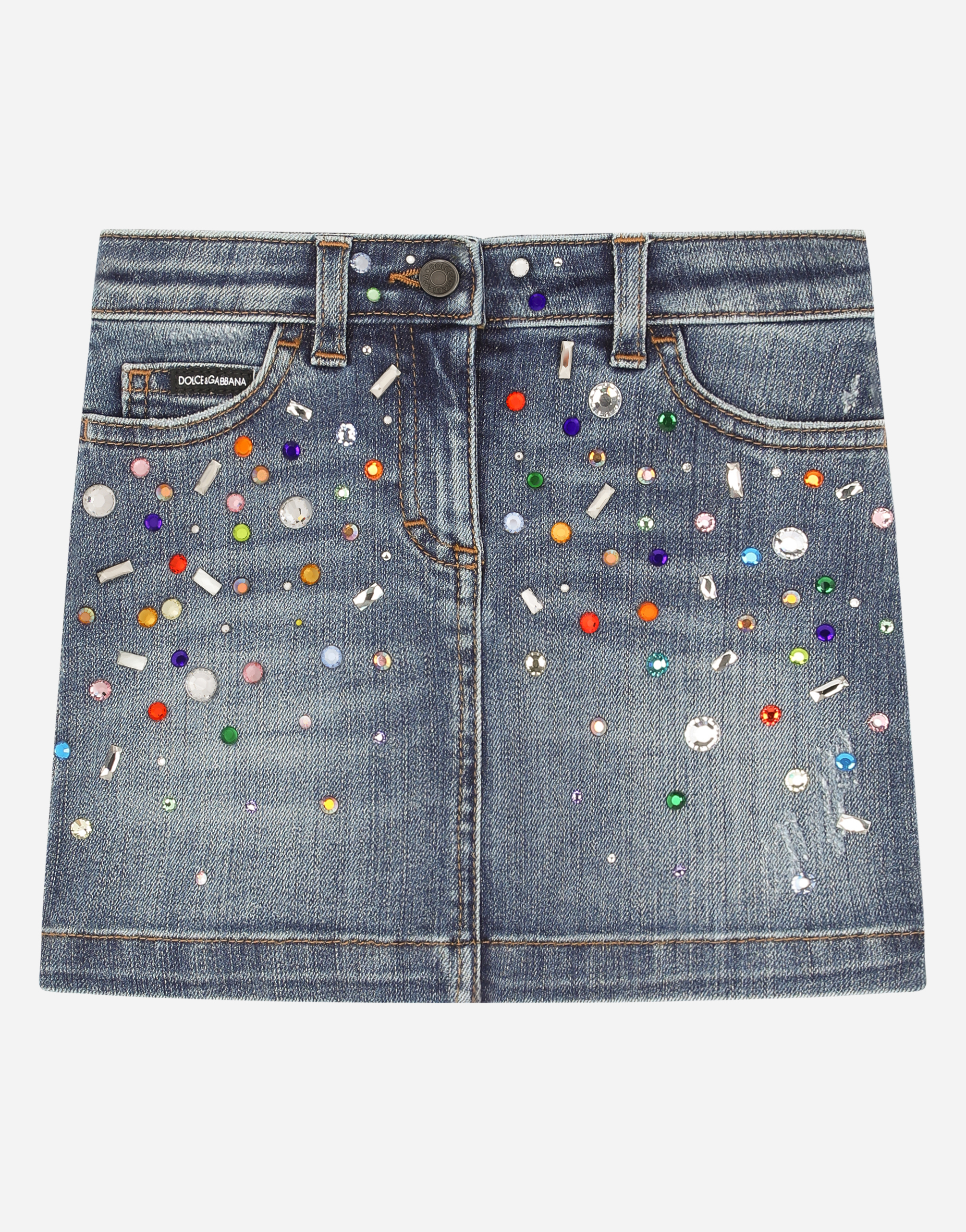 Short denim skirt with multi-colored fusible rhinestones in Blue