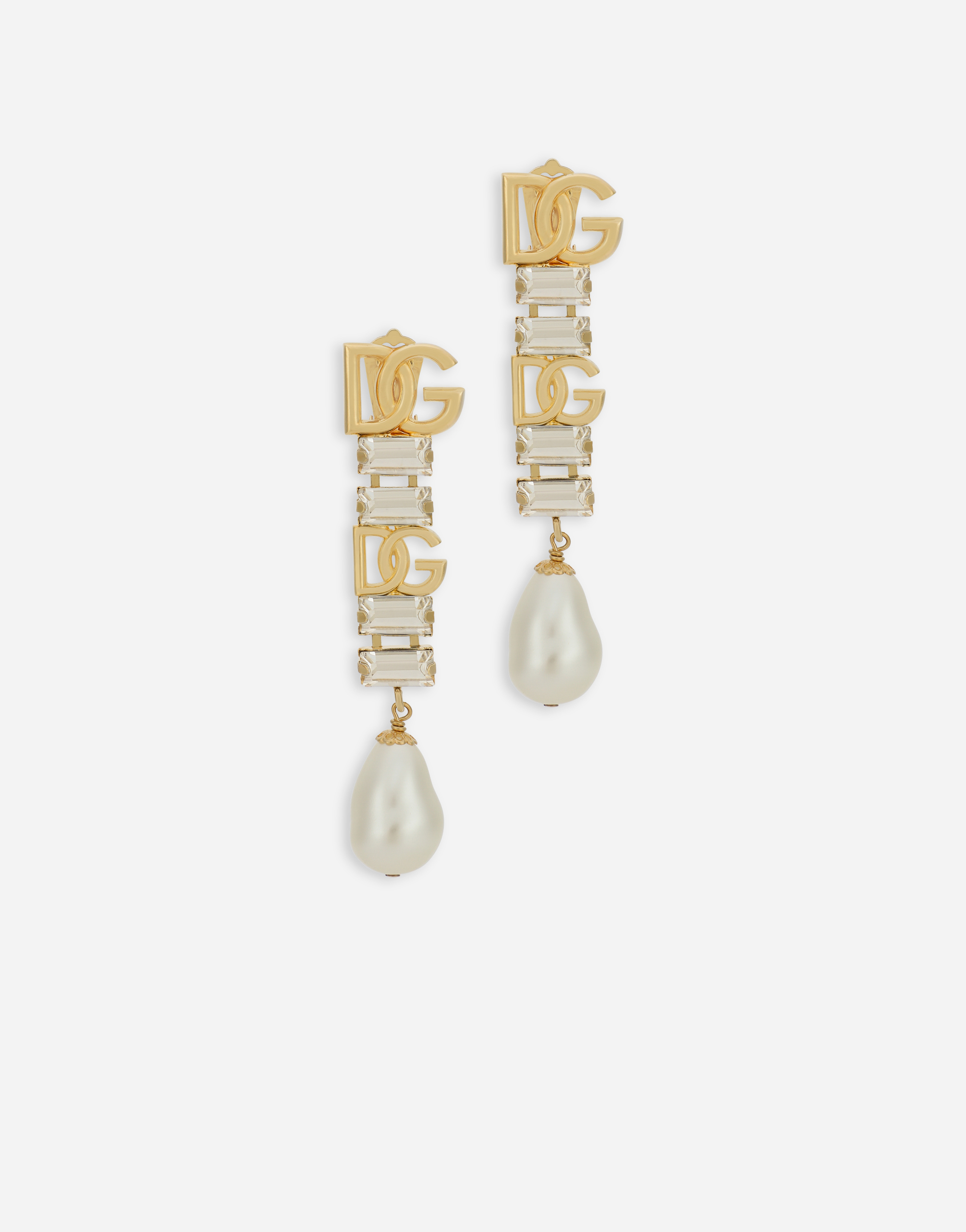 Drop earrings with pearls, rhinestones and DG logo in Gold