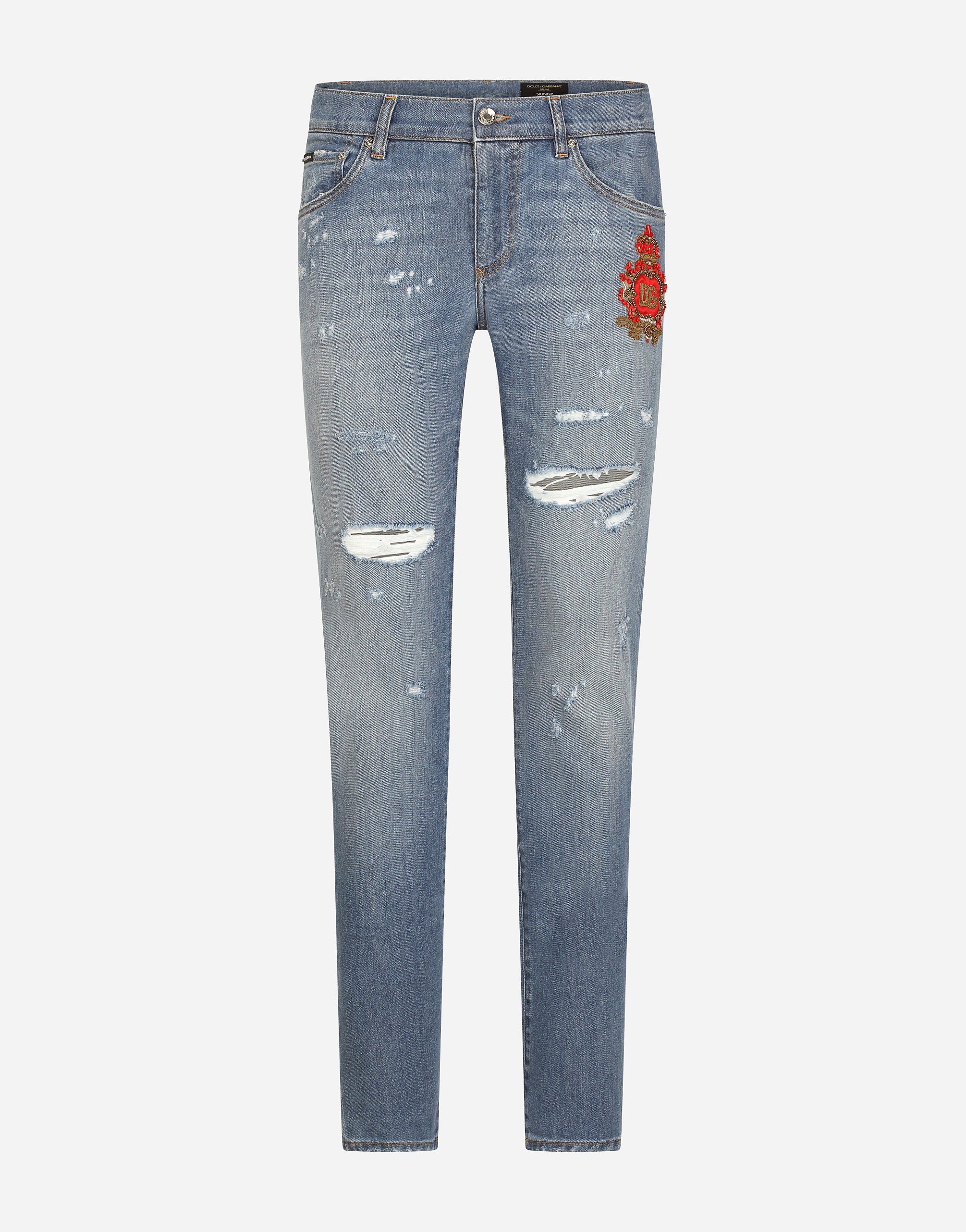 Mid blue skinny stretch jeans with patch detailing in Multicolor