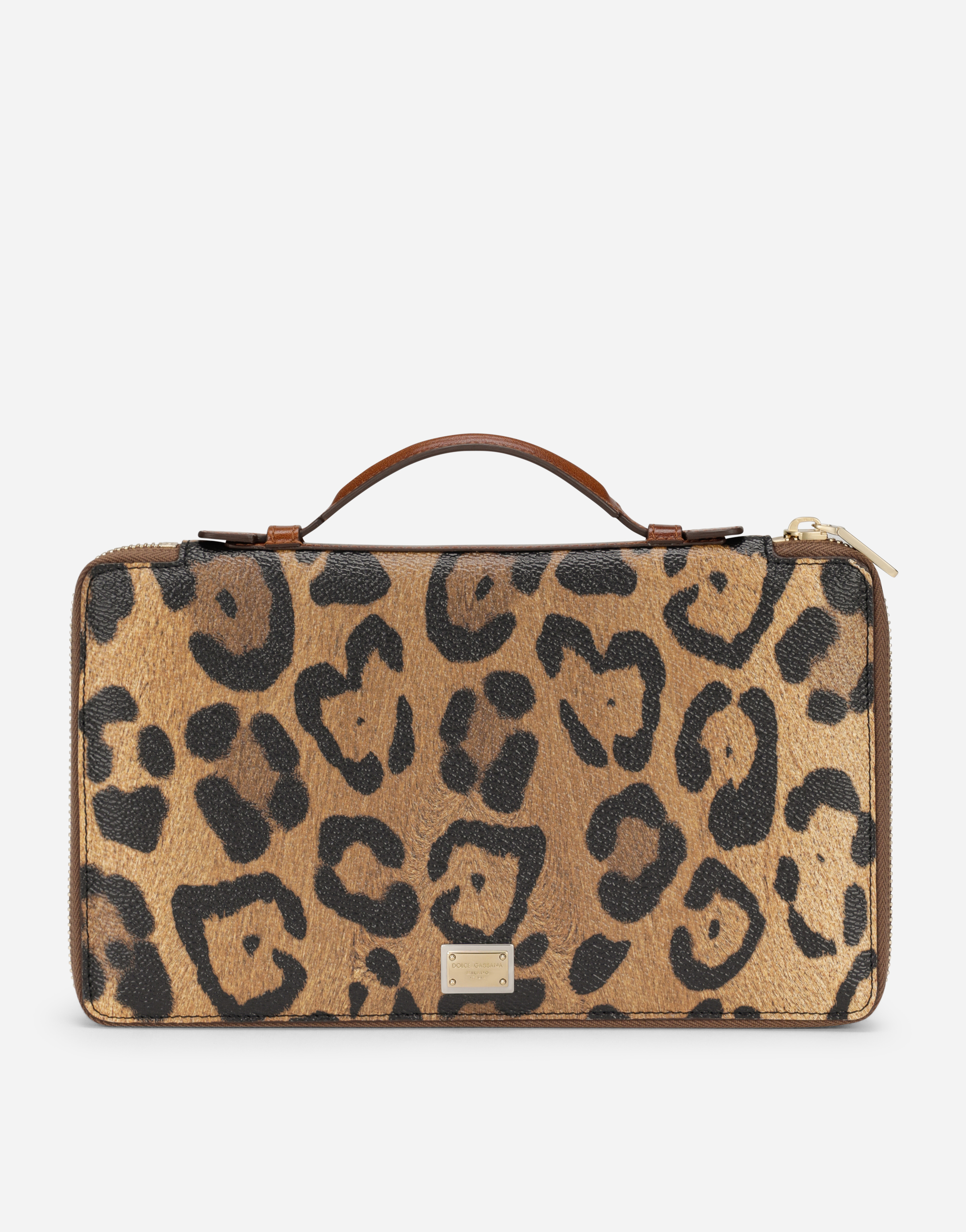 Leopard-print Crespo document holder with zipper and branded plate in Multicolor
