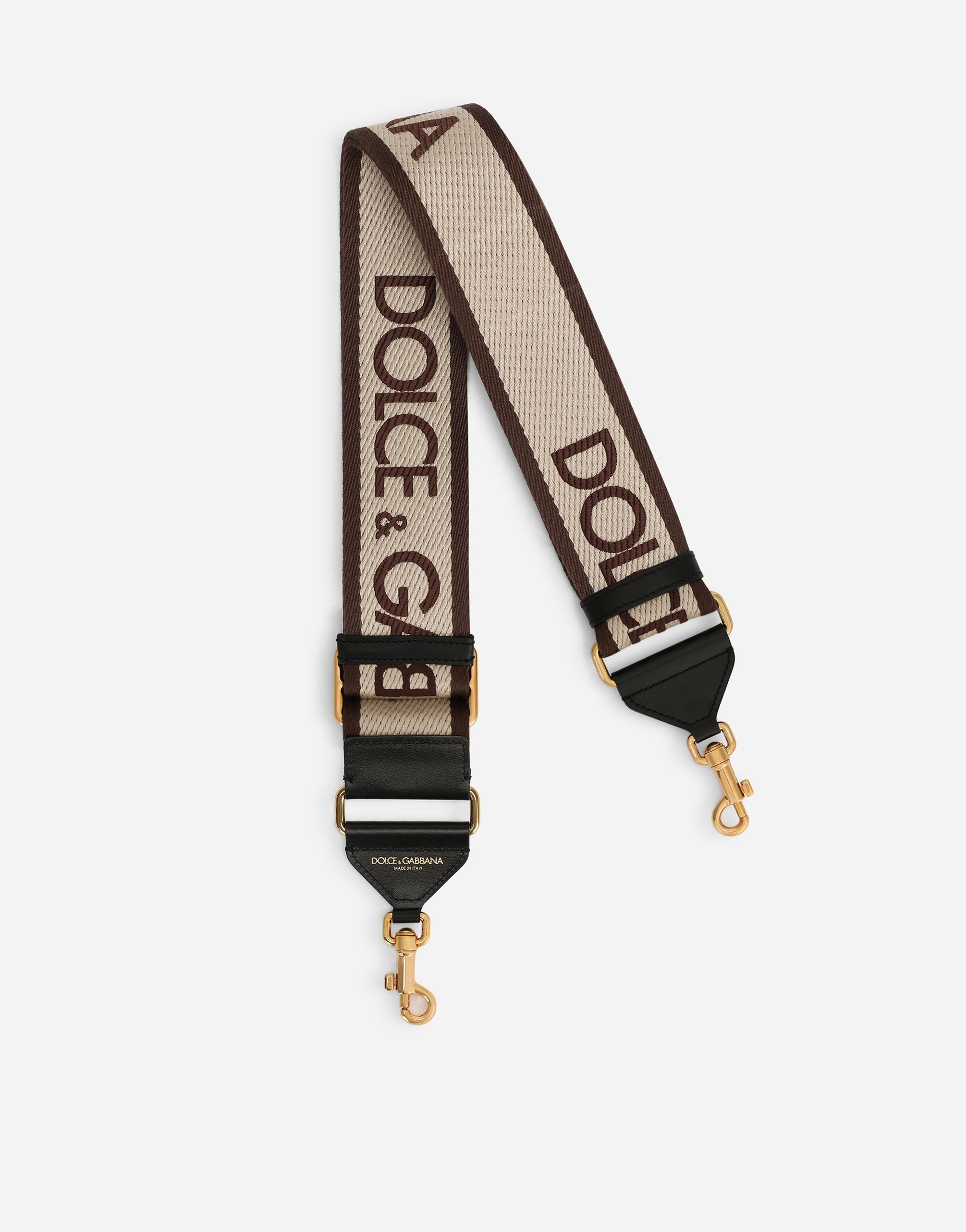 Branded fabric and leather strap in Beige