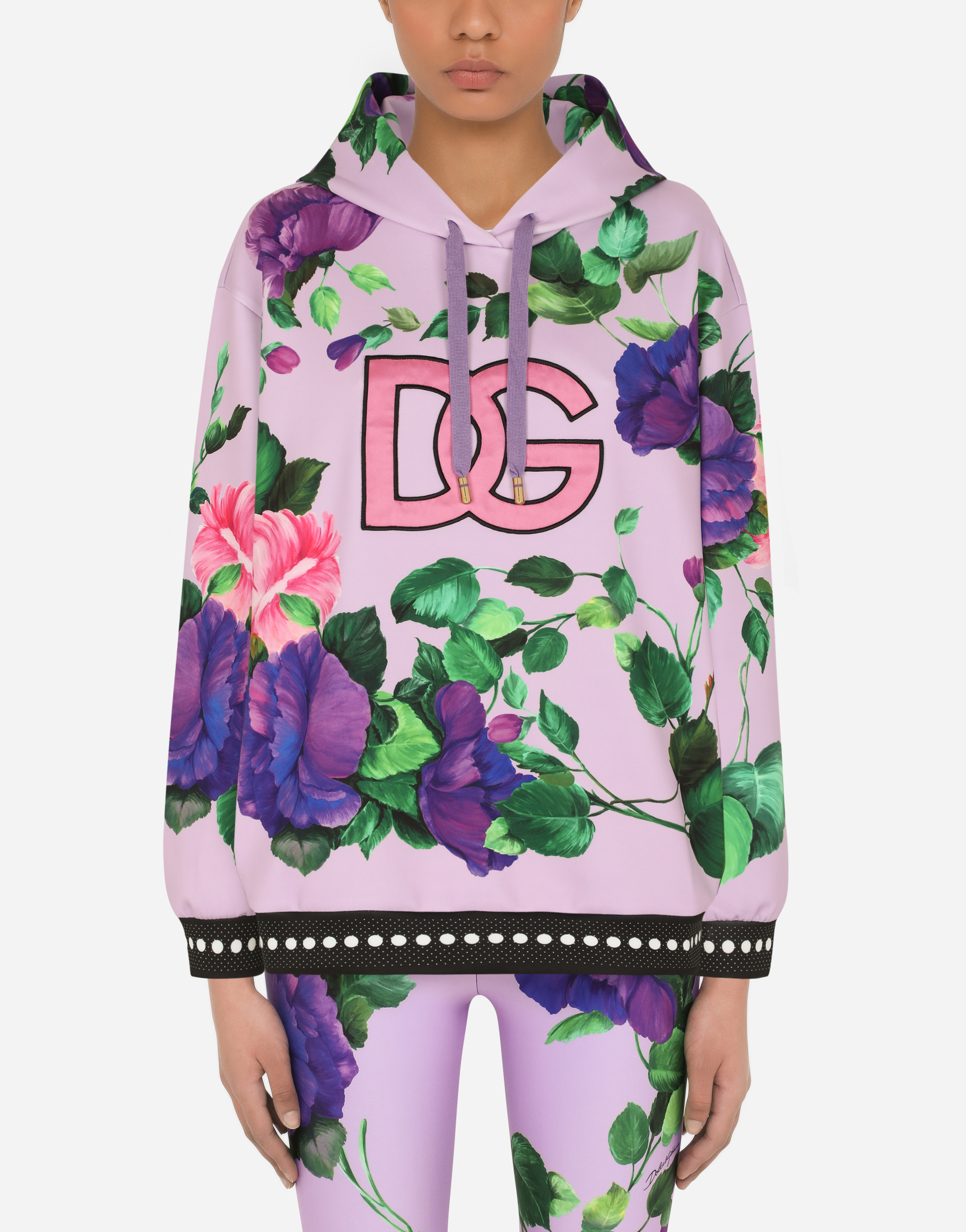 Technical jersey hoodie with rose print in Multicolor
