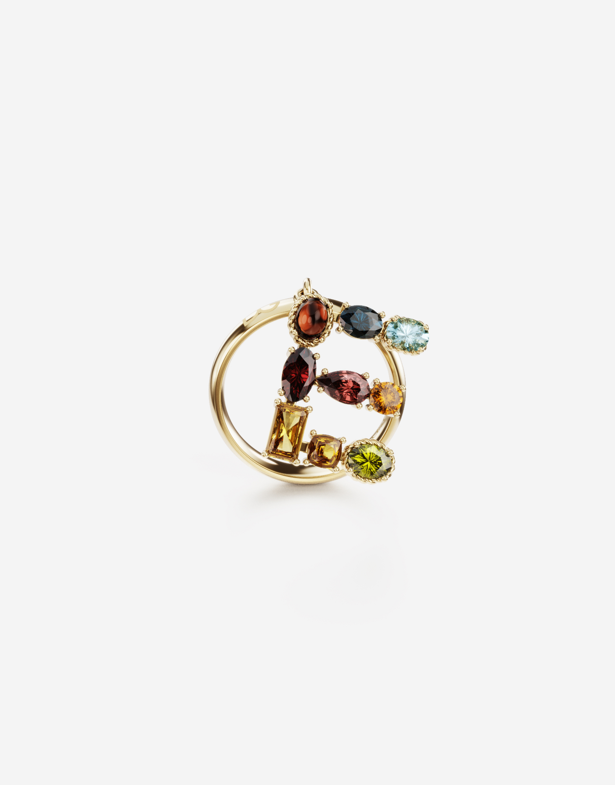Rainbow alphabet E ring in yellow gold with multicolor fine gems in Gold
