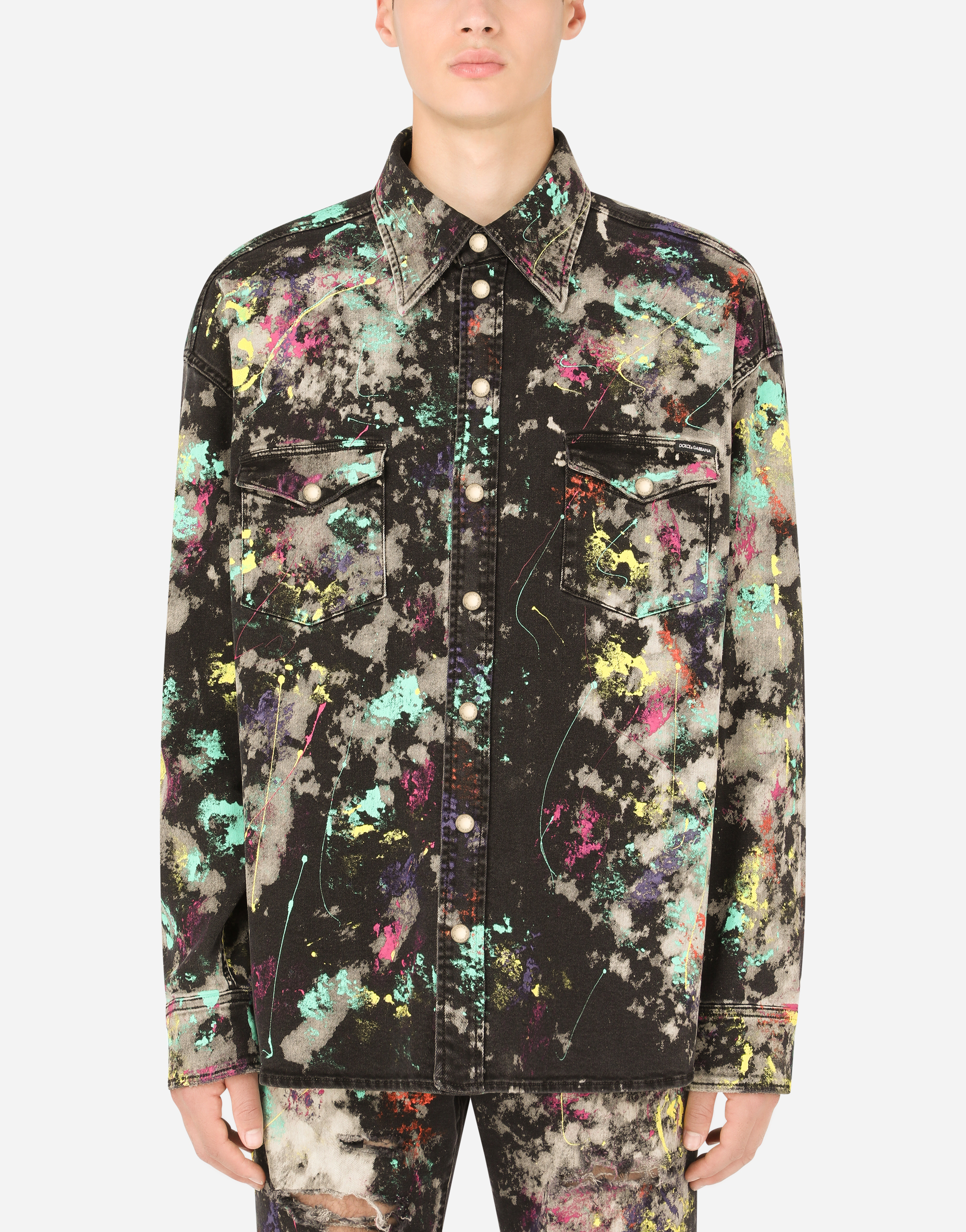 Black denim shirt with marbled print in Multicolor