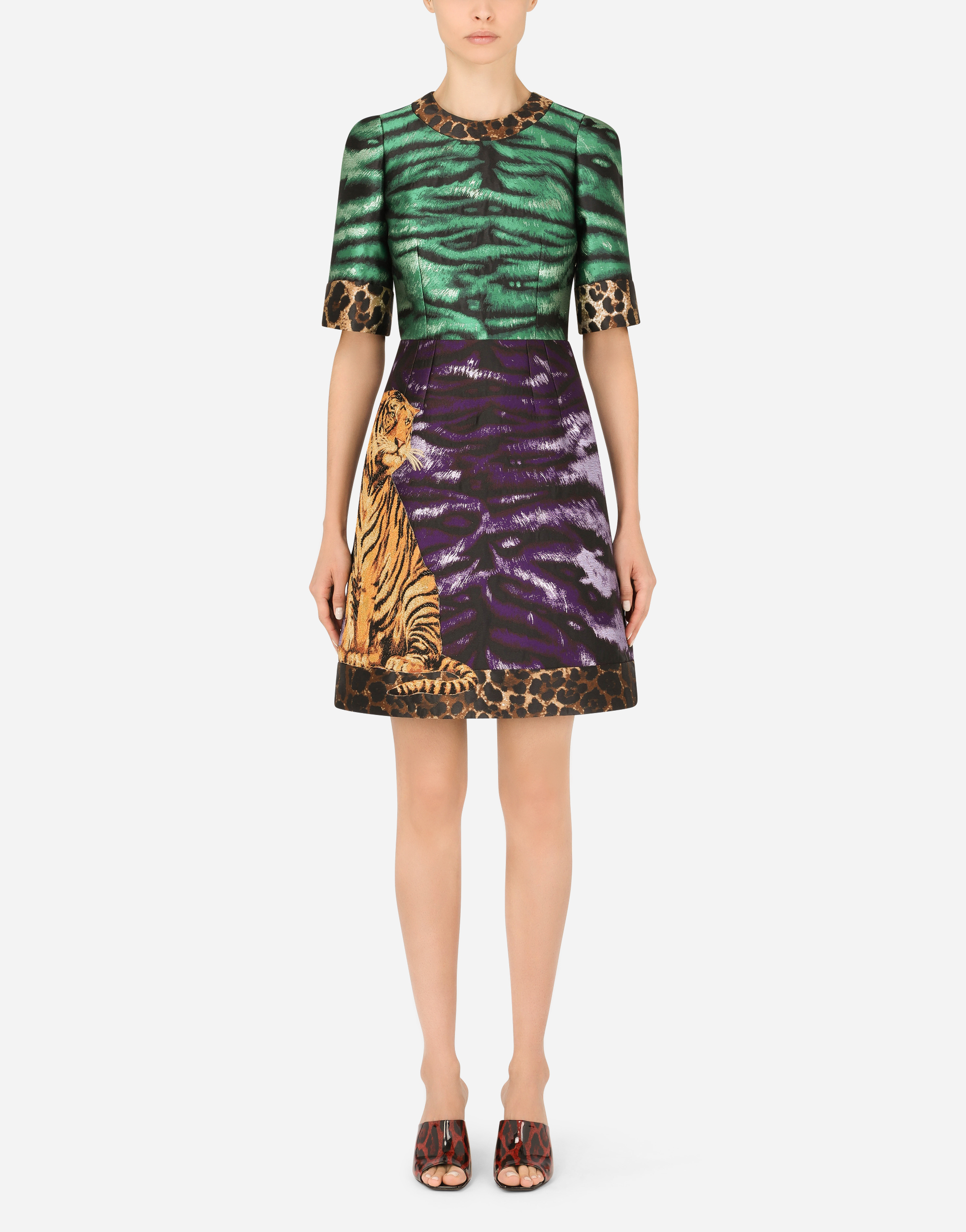 Short tiger-design brocade dress in Multicolor