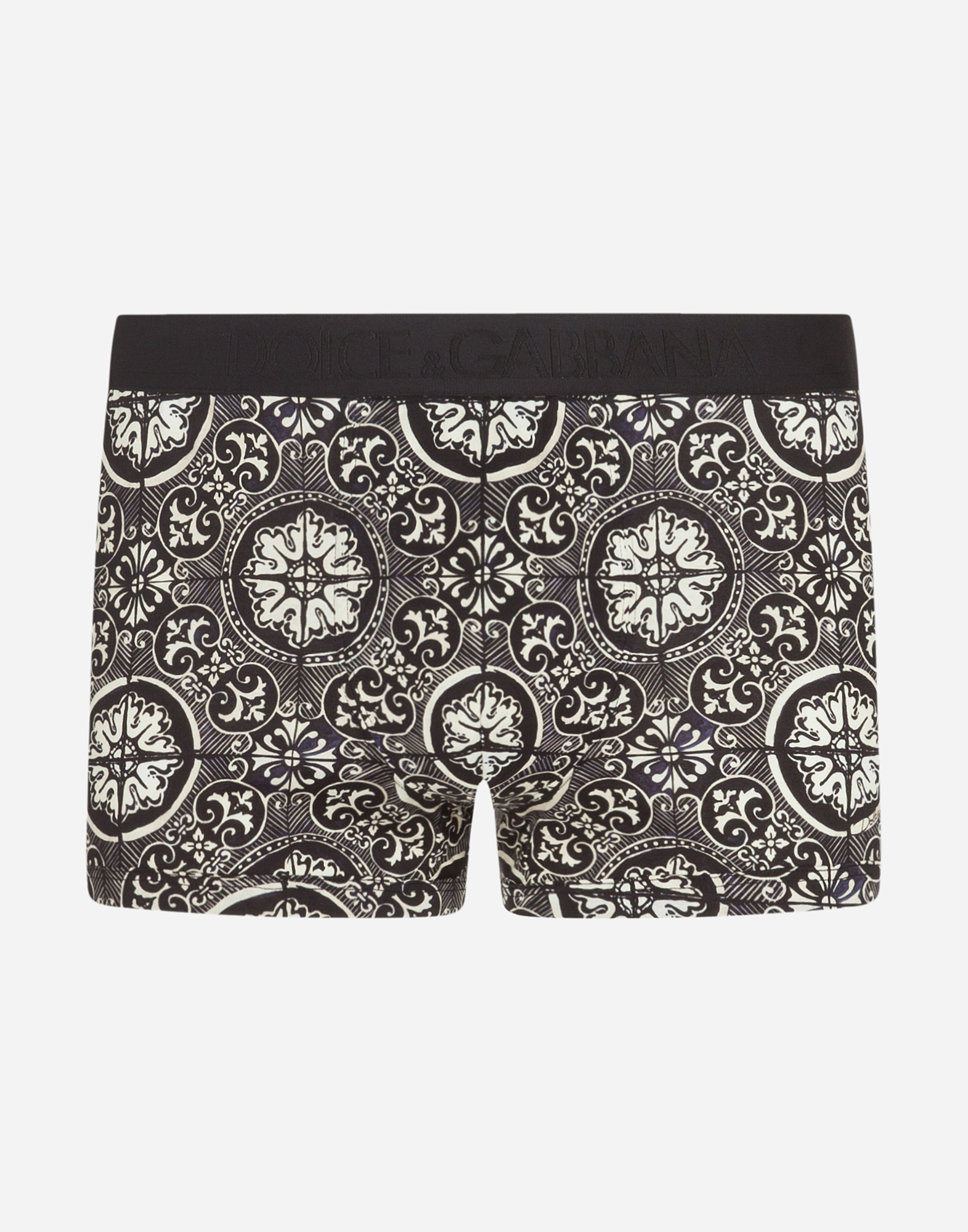 DOLCE & GABBANA COTTON BOXERS WITH MAIOLICA PRINT ON A BLACK BACKGROUND