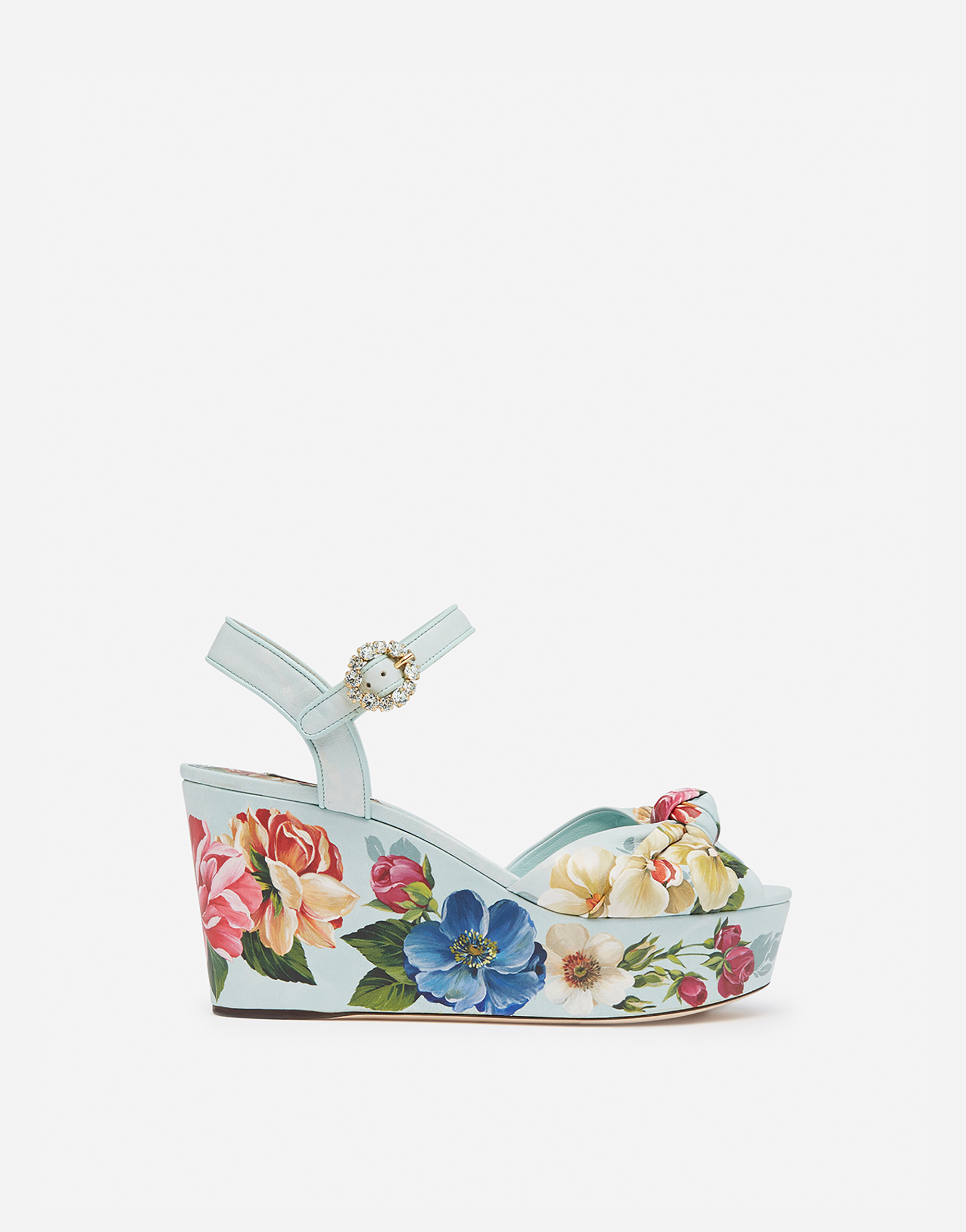 DOLCE & GABBANA NAPPA LEATHER WEDGE SANDALS WITH FLORAL PRINT