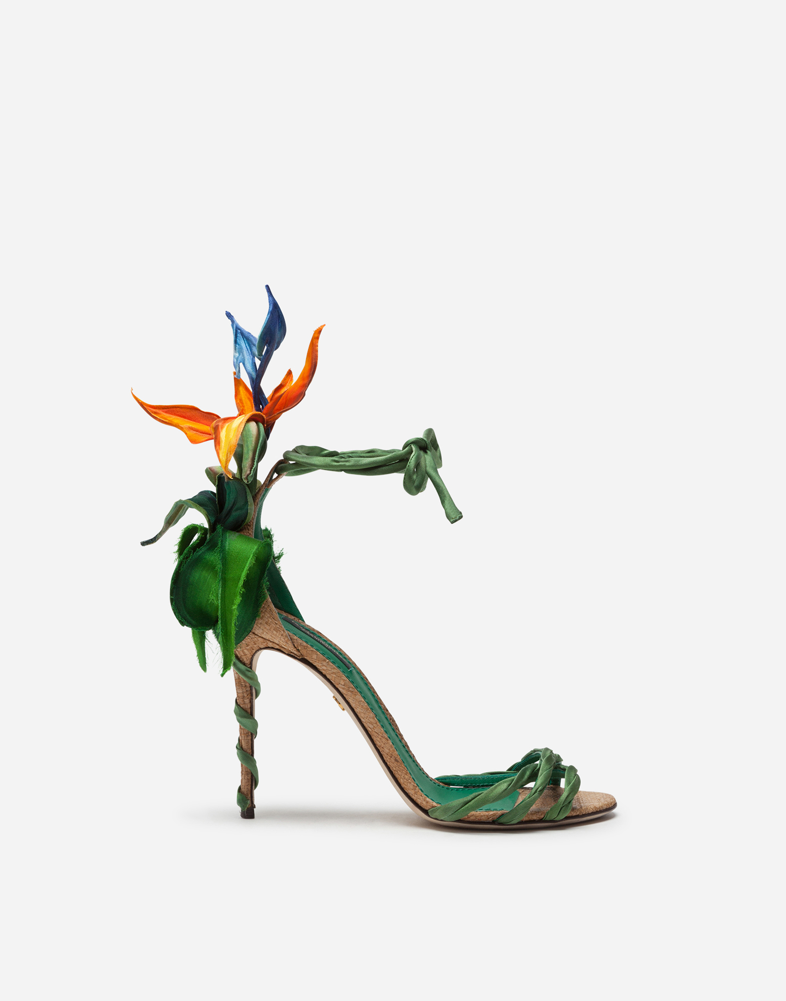 DOLCE & GABBANA SATIN SANDALS WITH BIRD OF PARADISE EMBROIDERY