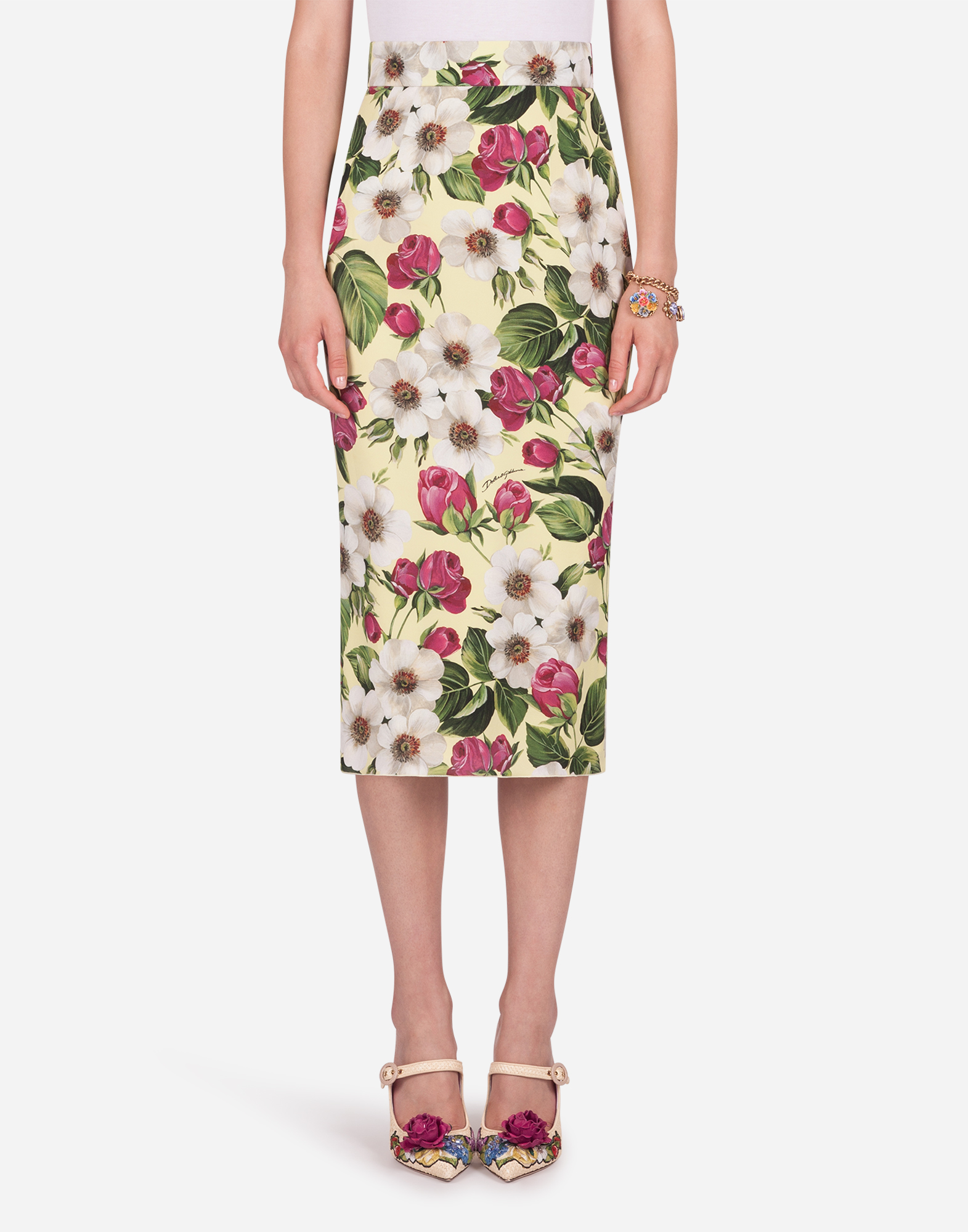 DOLCE & GABBANA MIDI TUBE SKIRT IN CHARMEUSE WITH SMALL ROSE PRINT