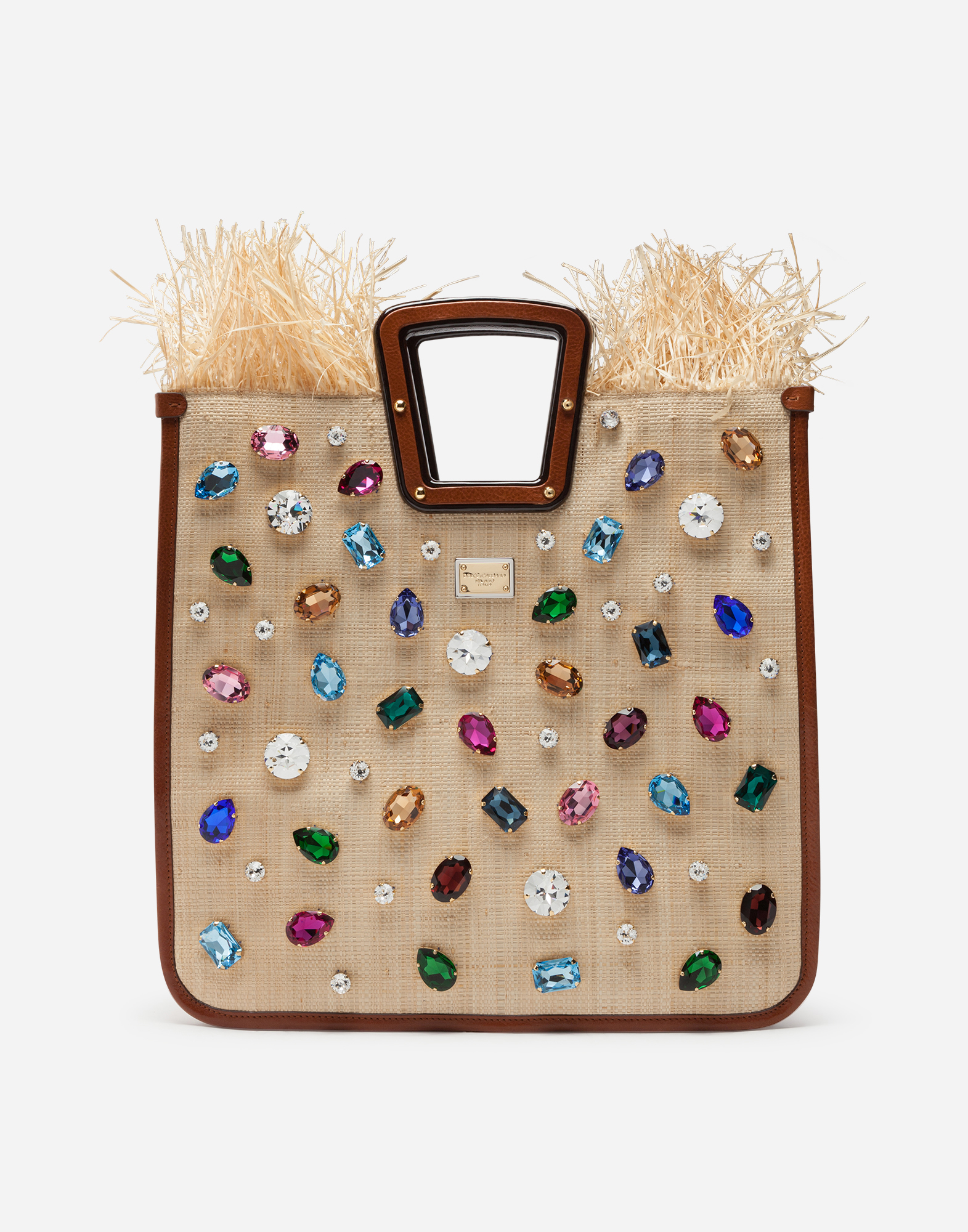Dolce & Gabbana Beatrice Shopping Bag In Tropea Straw With Jewel Embroidery In Brown