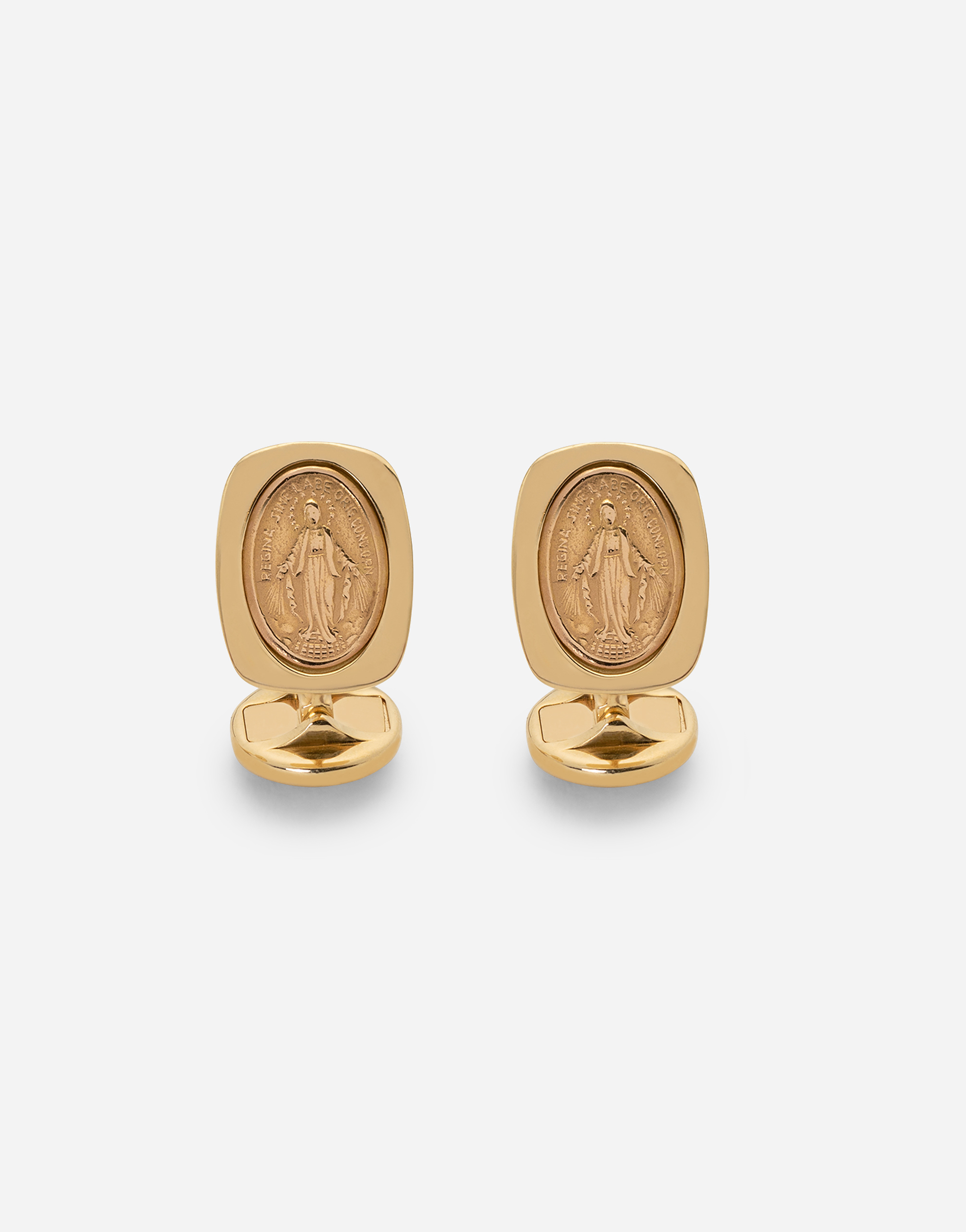 DEVOTION YELLOW GOLD CUFFLINKS WITH A RED GOLD VIRGIN MARY MEDALLION.