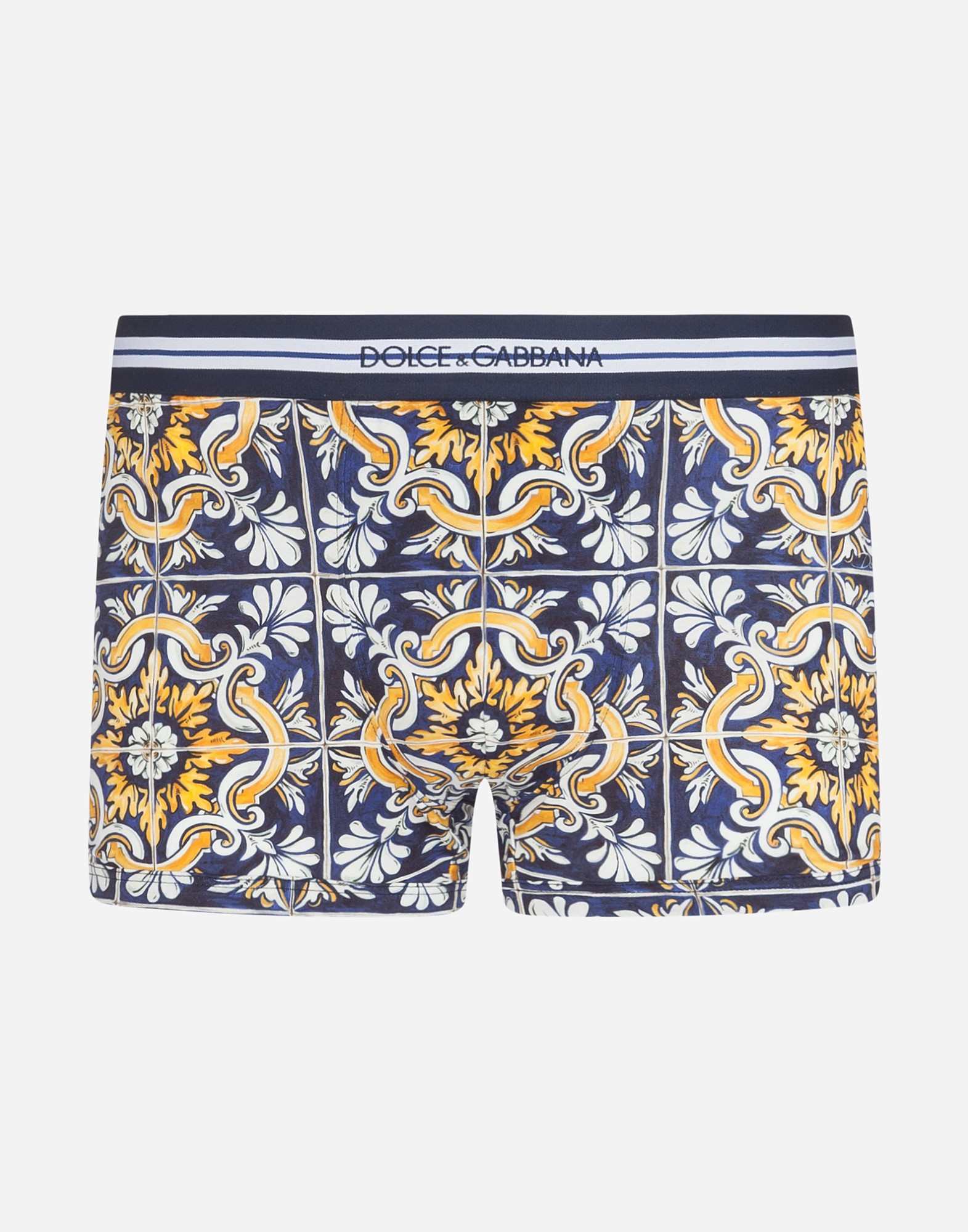 DOLCE & GABBANA COTTON BOXERS WITH MAIOLICA PRINT ON A BLUE BACKGROUND