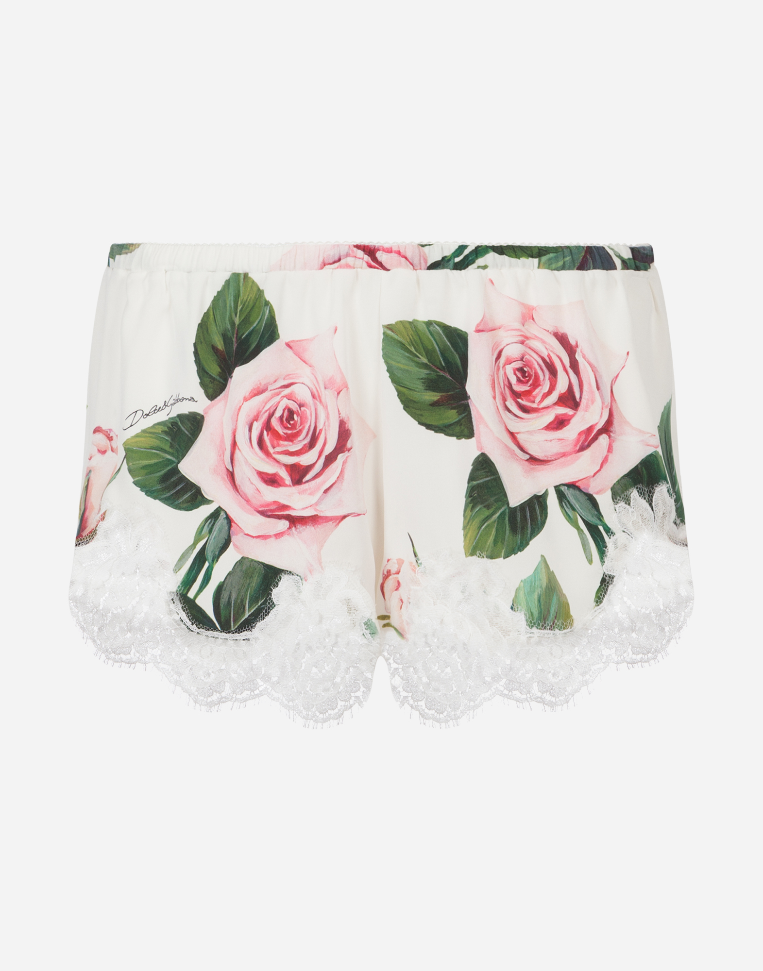 DOLCE & GABBANA SATIN LINGERIE SHORTS WITH TROPICAL ROSE PRINT AND LACE