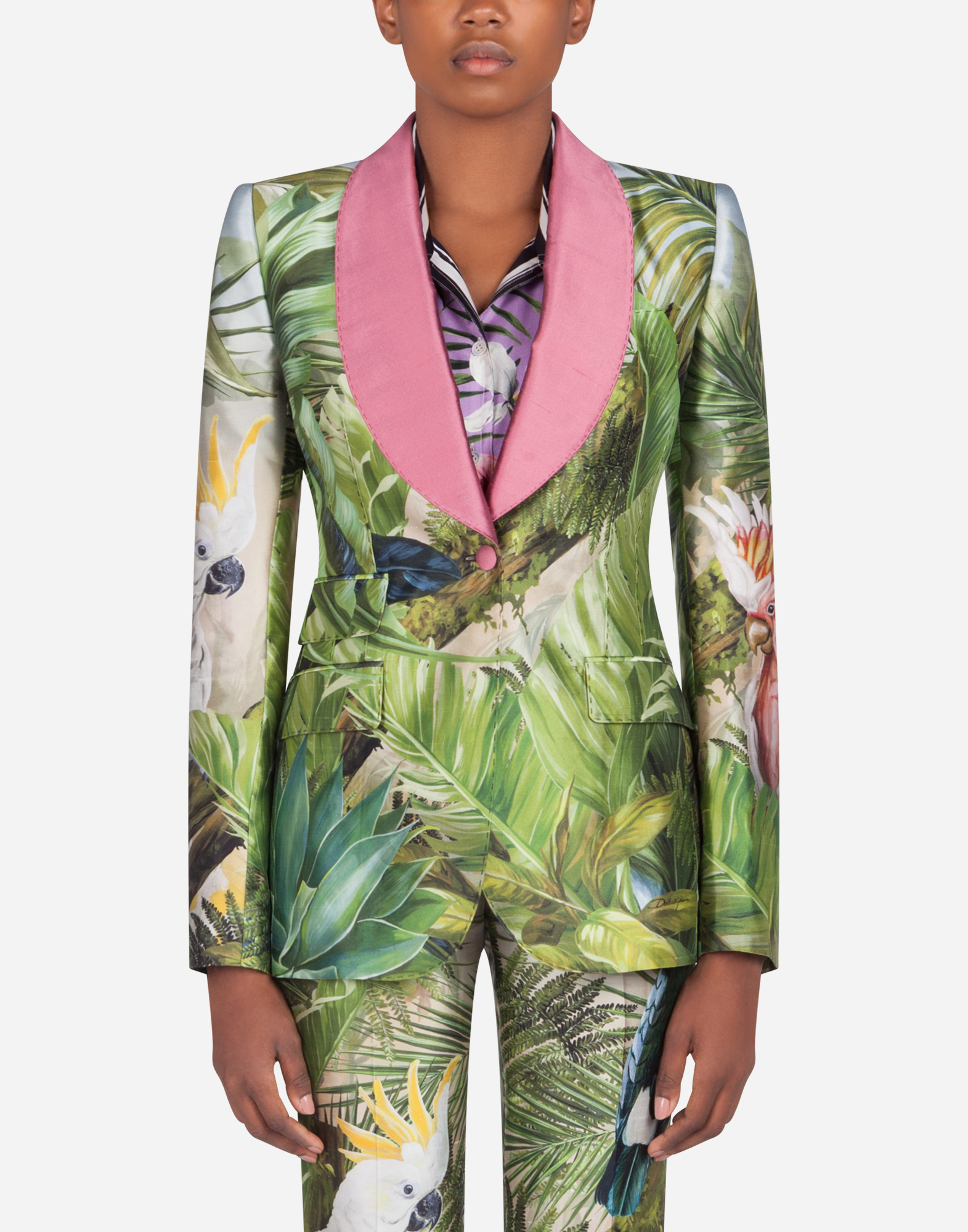 DOLCE & GABBANA SINGLE-BREASTED JACKET IN SHANTUNG WITH JUNGLE FOREST PRINT