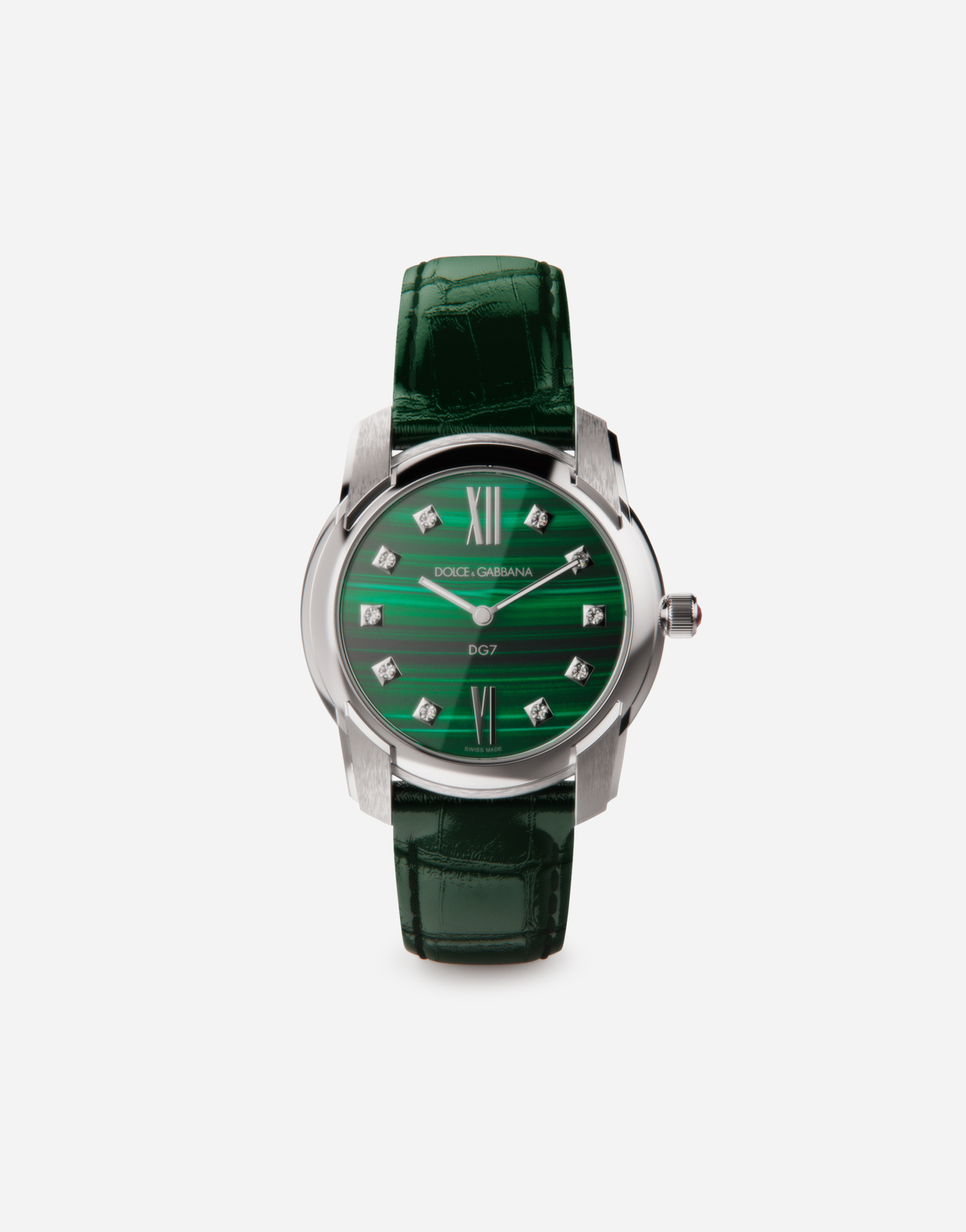 DG7 WATCH IN STEEL WITH MALACHITE AND DIAMONDS