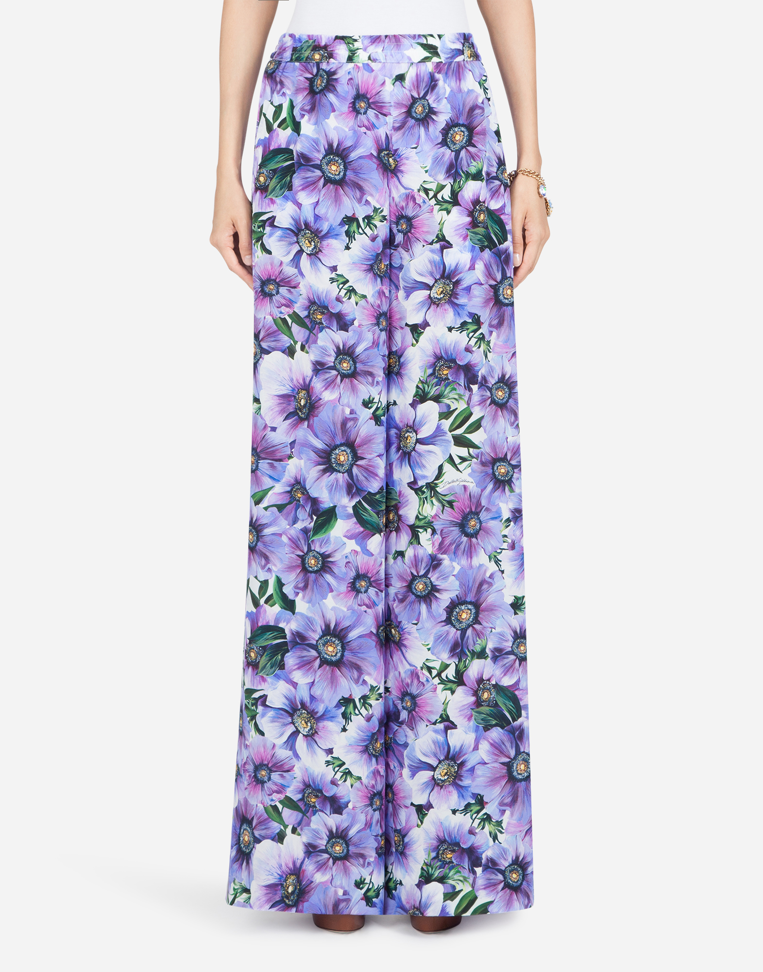 DOLCE & GABBANA FLARED PANTS IN ANEMONE-PRINT CREPE DE CHINE