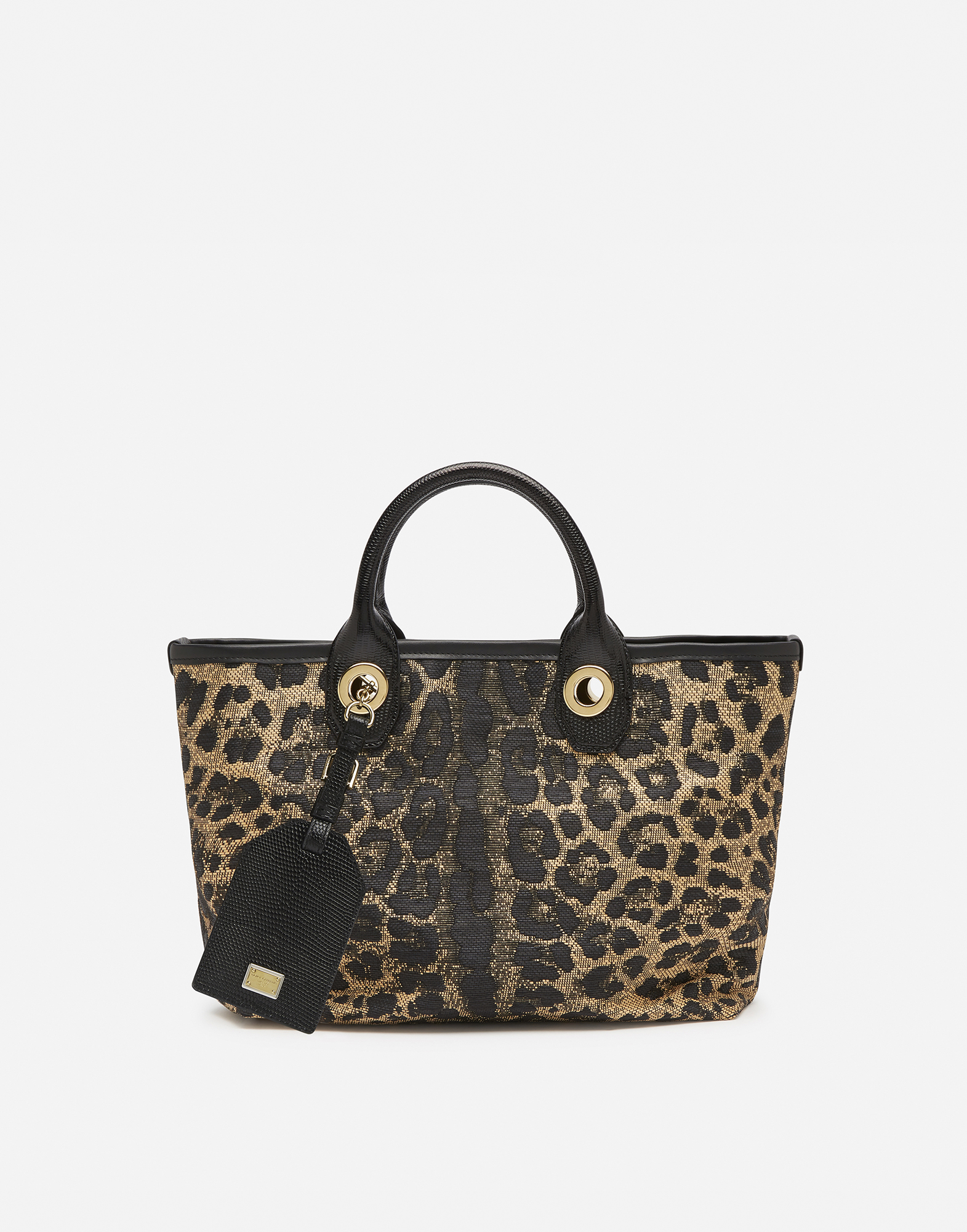 DOLCE & GABBANA Small capri shopping bag in jacquard raffia with leopard print