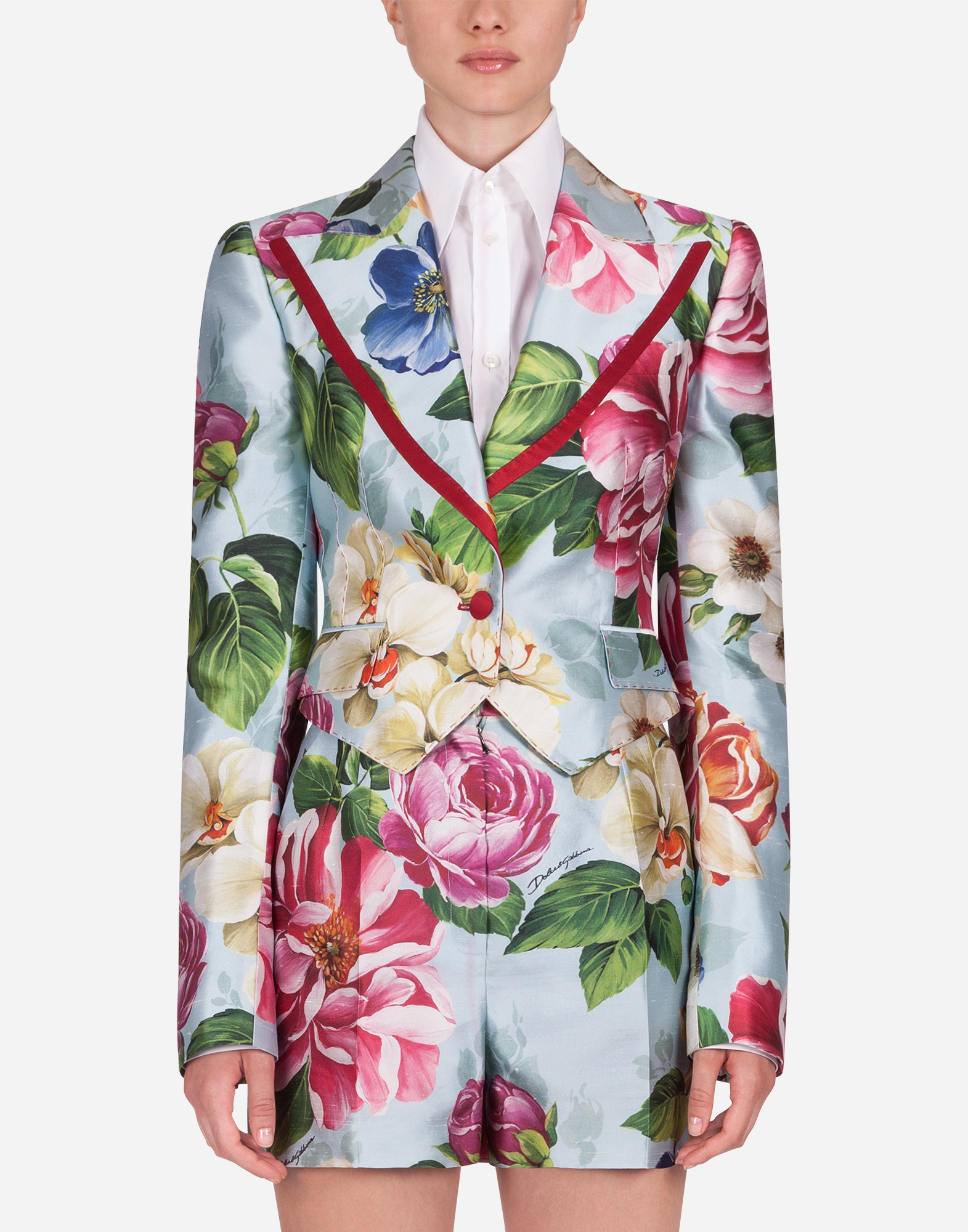 DOLCE & GABBANA SINGLE-BREASTED SPENCER BLAZER IN SHANTUNG WITH FLORAL OMBRE PRINT