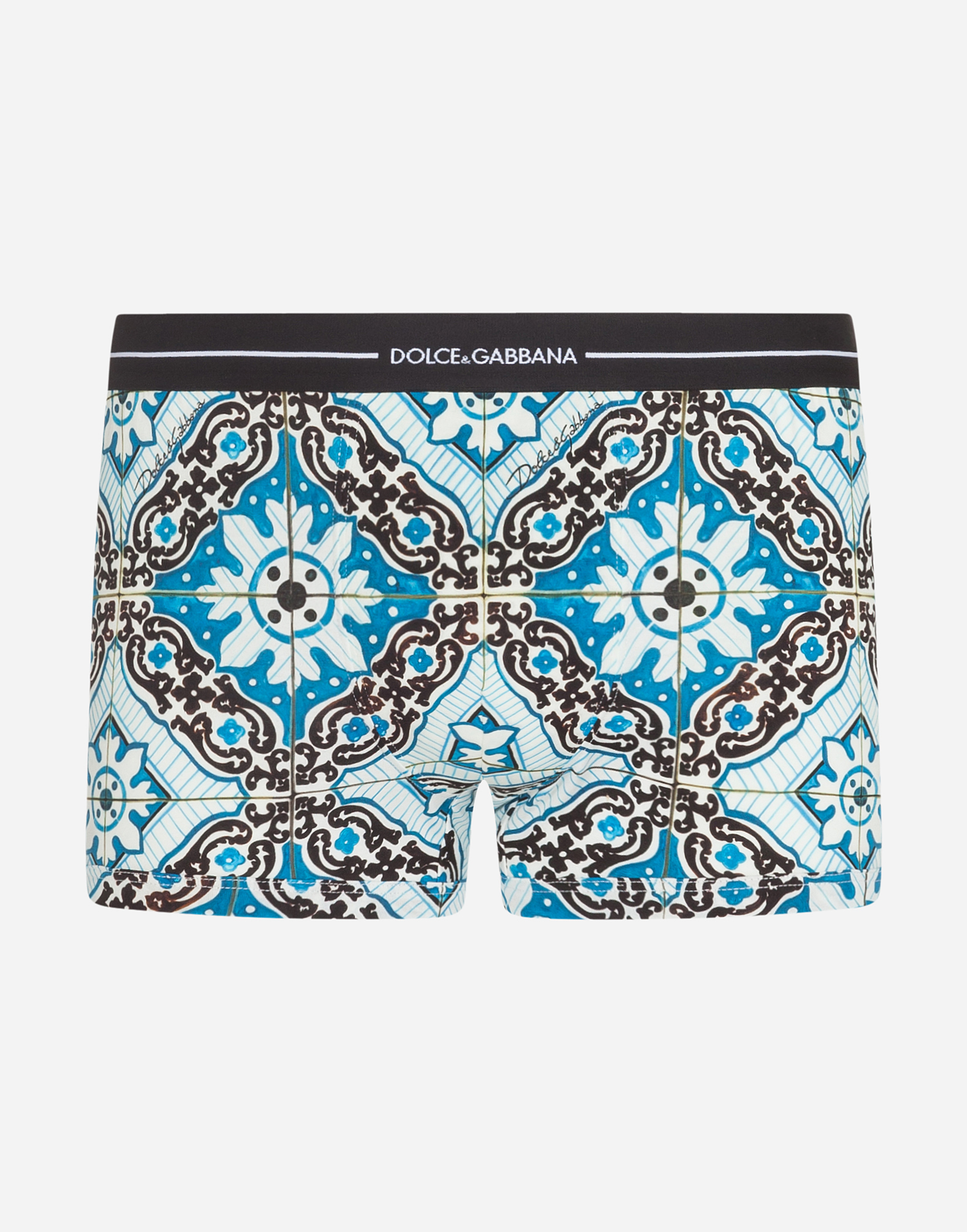 DOLCE & GABBANA Cotton boxers with maiolica print on a sky blue background