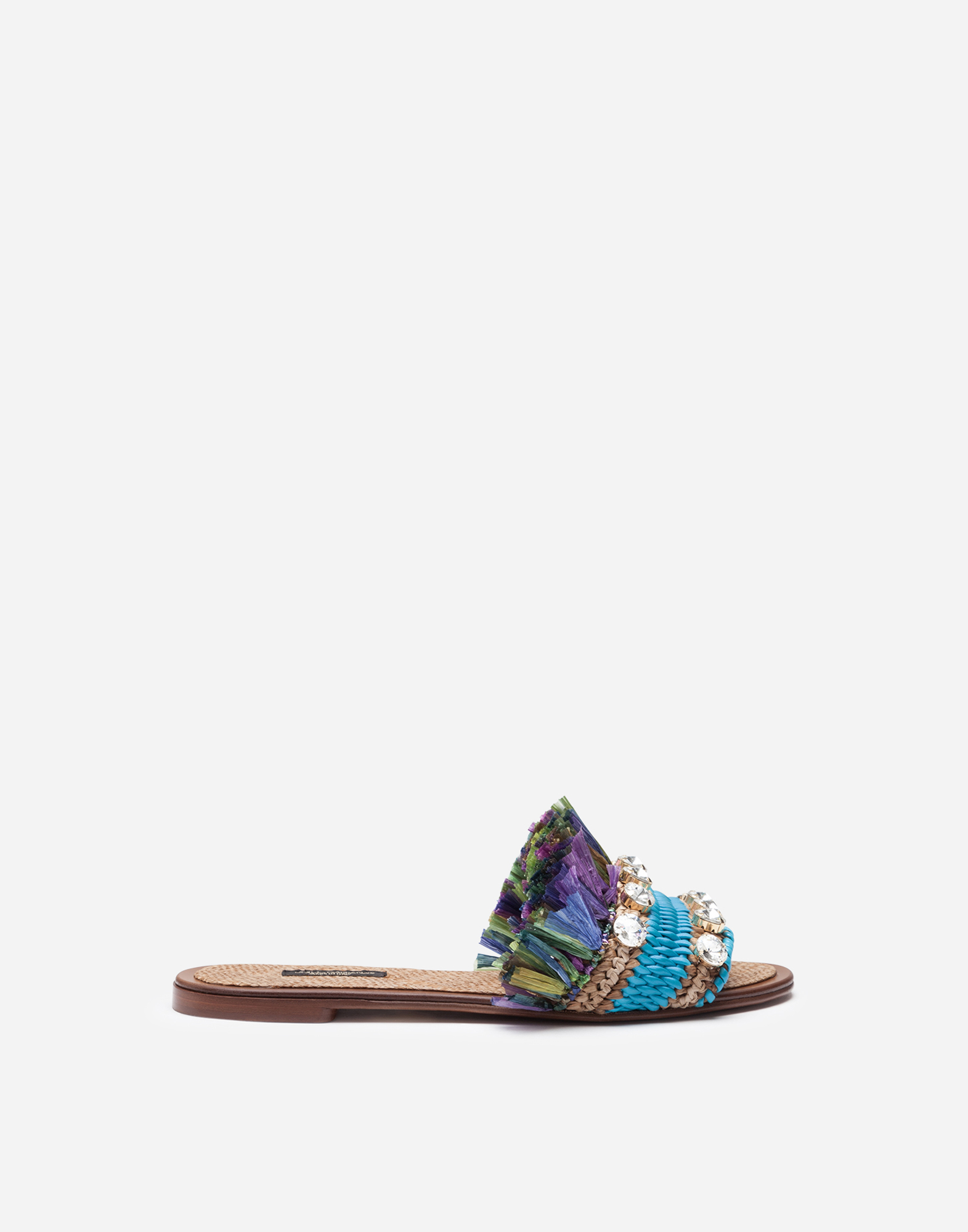 DOLCE & GABBANA SLIDERS IN STRAW WITH BEJEWELED EMBROIDERY